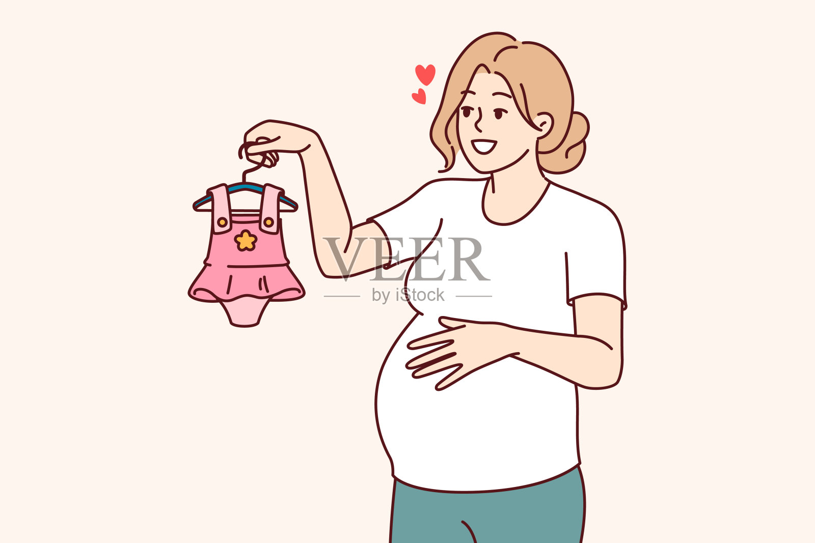 孕妇手里拿着给小女孩穿的衣服,梦想着女儿的诞生。插画图片素材