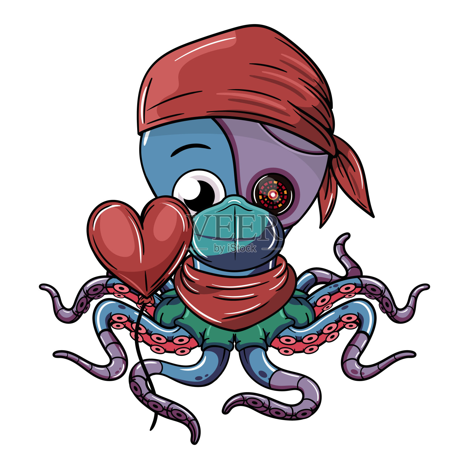 在情人节这天,一只带着红色手帕、面具和心脏气球的机器人触手的漫画章鱼。插图的幻想,科幻小说和冒险漫画插画图片素材