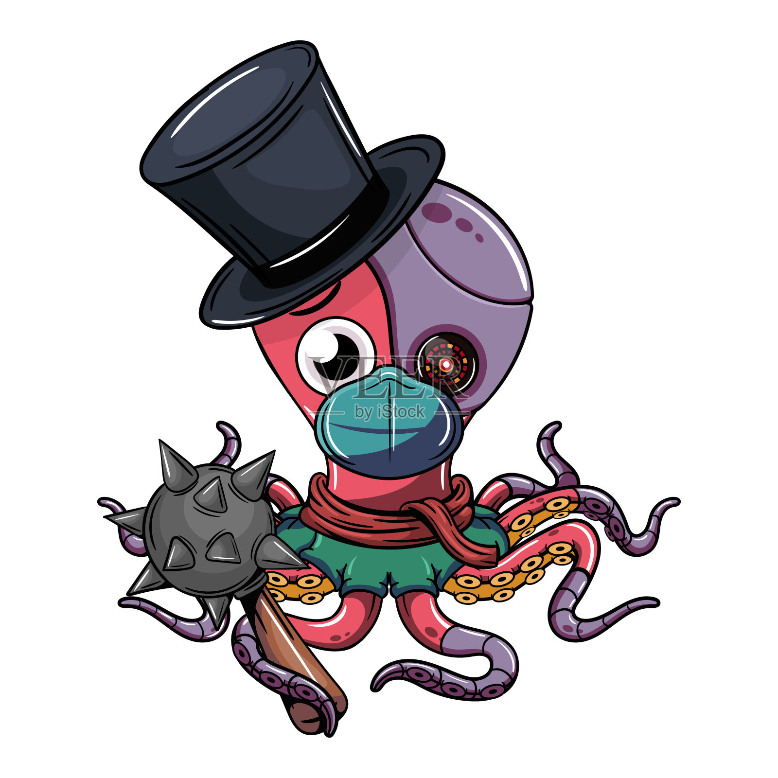 章鱼卡通漫画机器人,戴着大礼帽,戴着面具,他的机械触手上有一个战争杖。插图的幻想,科幻小说和冒险漫画插画图片素材