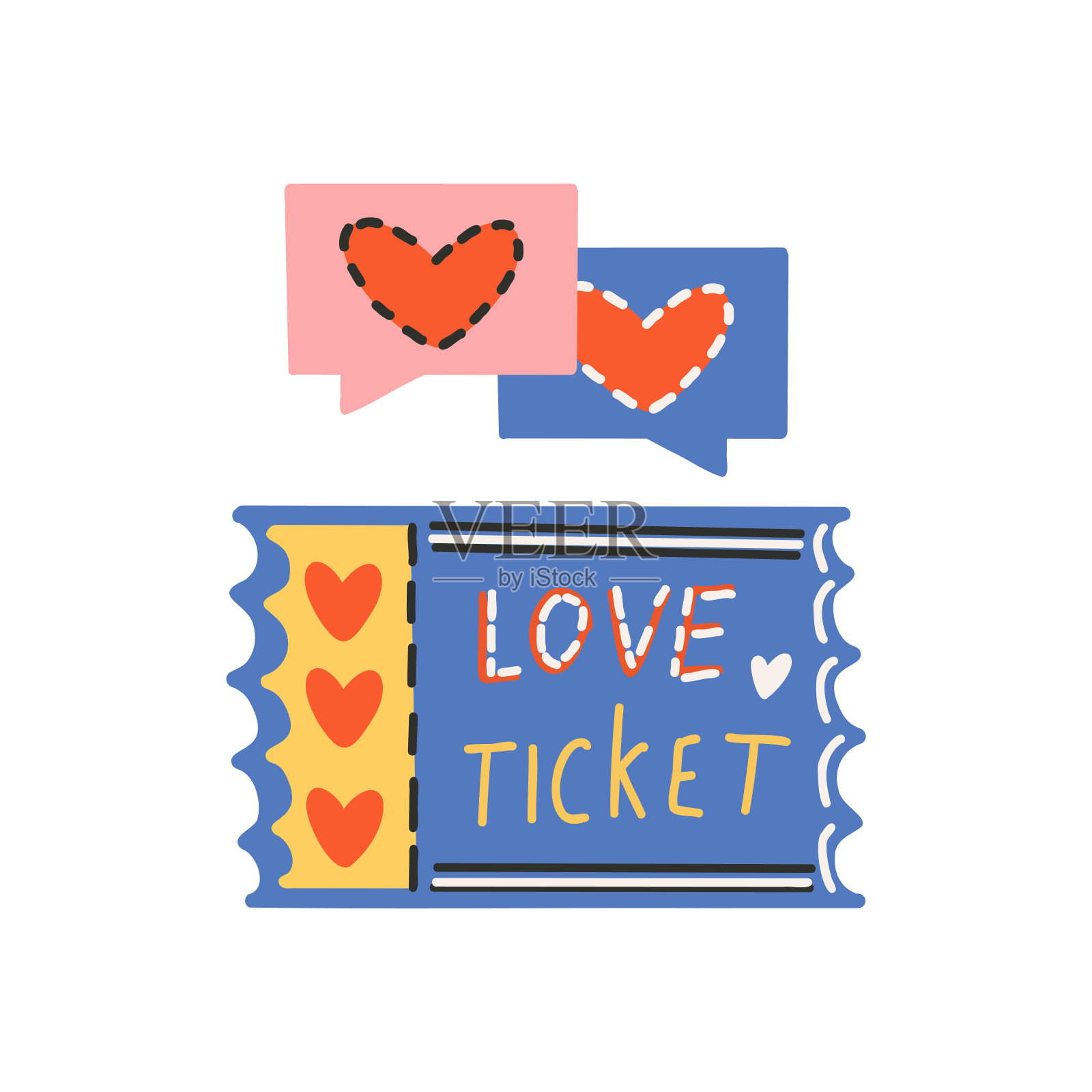 心形票券优惠券与文本爱情票券对话框图标,爱与浪漫的象征,情人节设计插画图片素材
