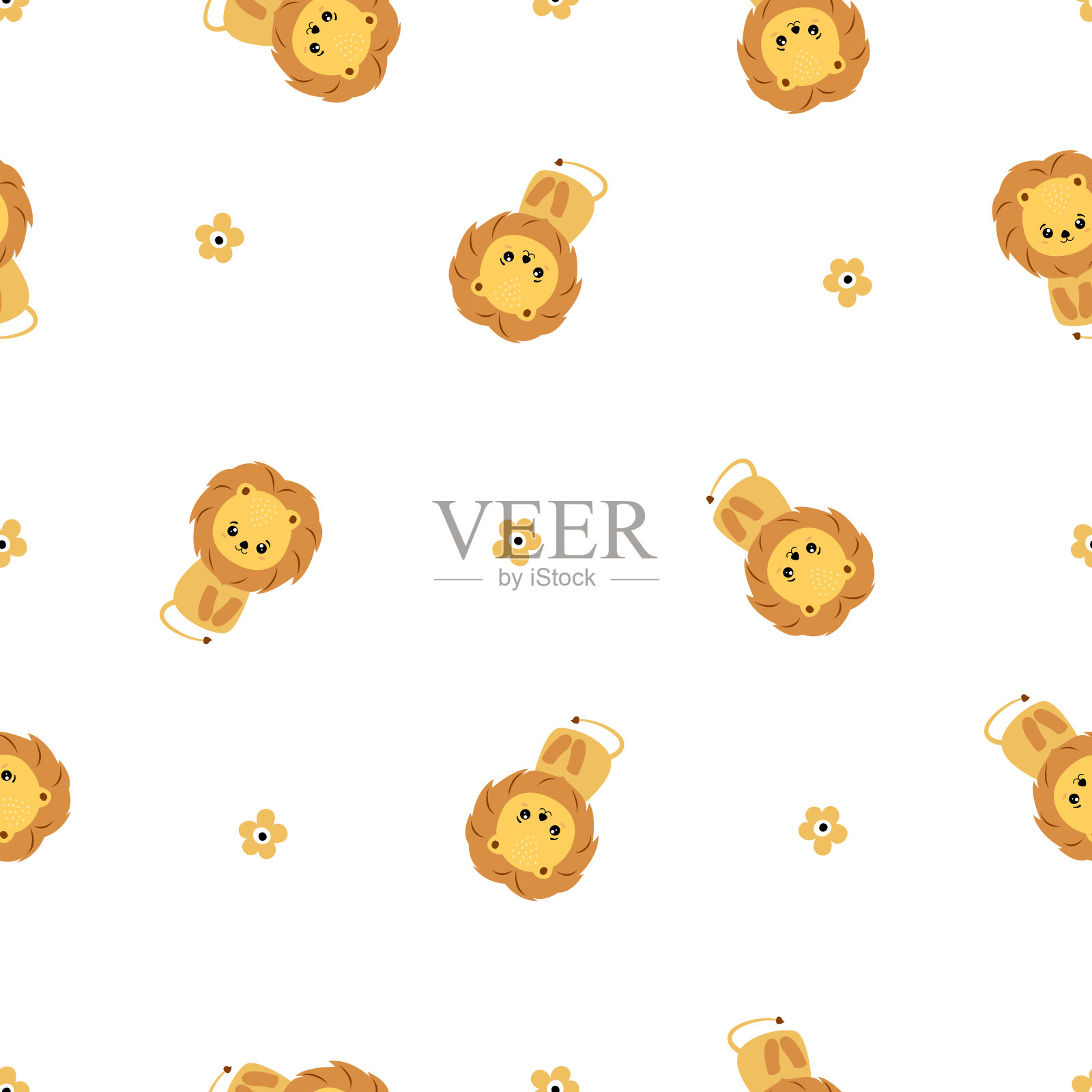 无缝孩子气的图案,小狮子和花插画图片素材