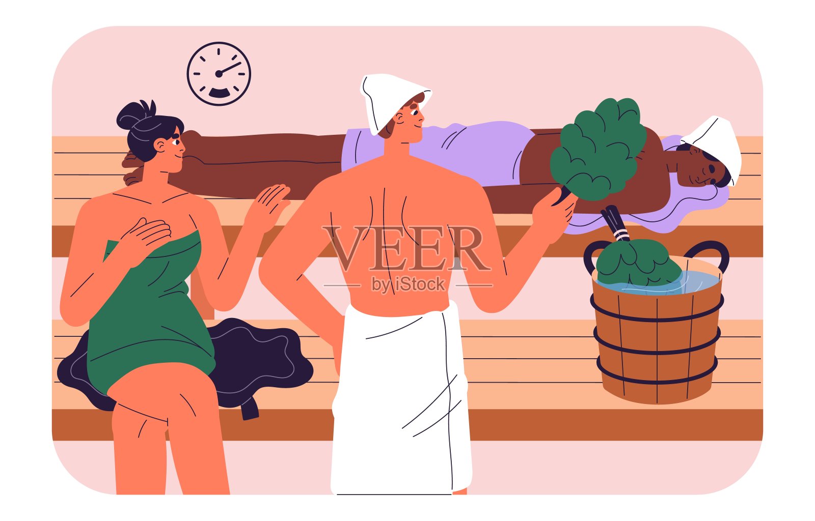 芬兰桑拿,俄罗斯桑拿。男人用洗澡扫帚打女人。女孩躺在蒸汽房的木凳上放松。人们在热温泉中出汗,关心健康。平面矢量图插画图片素材