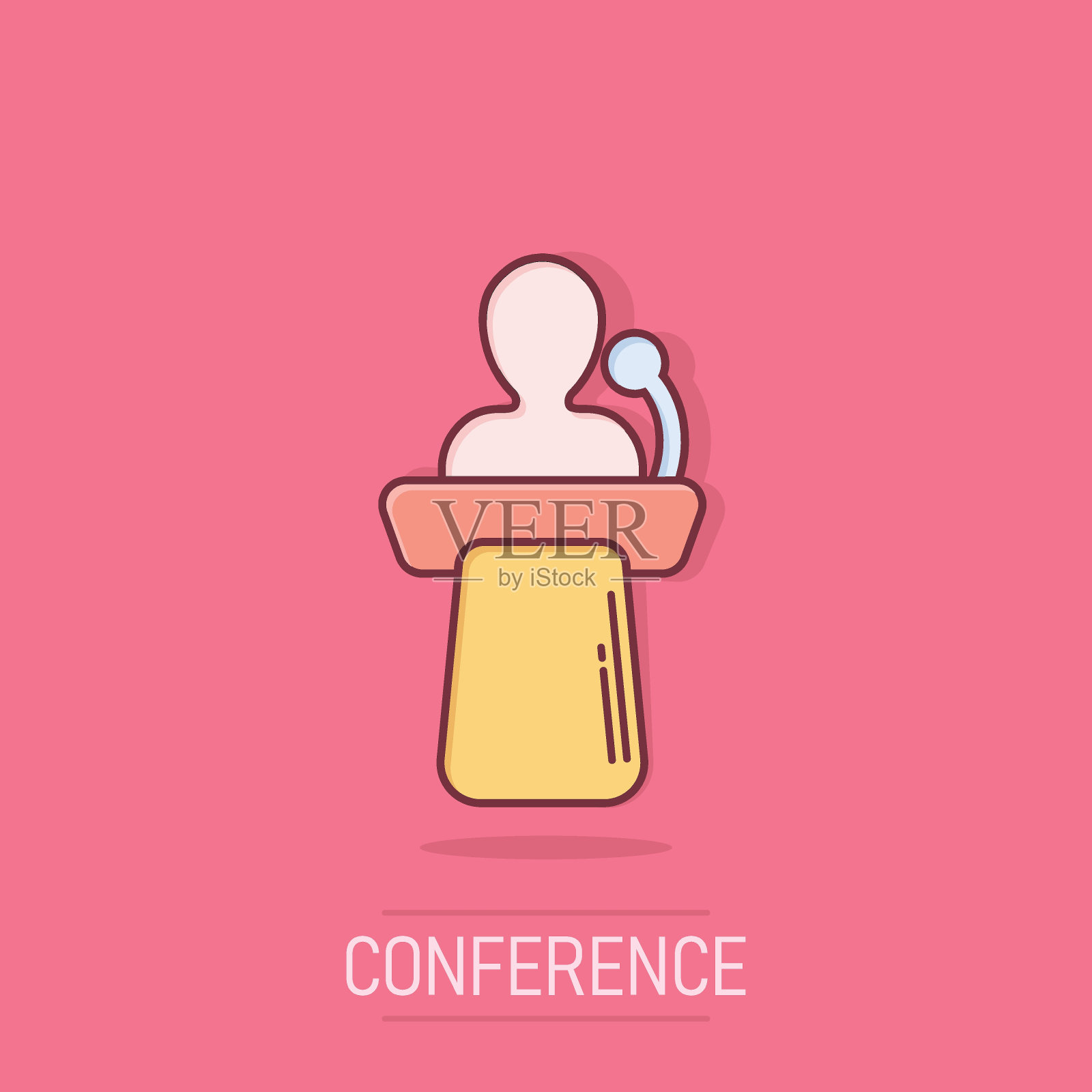 漫画风格的公共演讲图标。讲台会议矢量卡通插图孤立的背景。论坛辩论商业概念的飞溅效应。插画图片素材