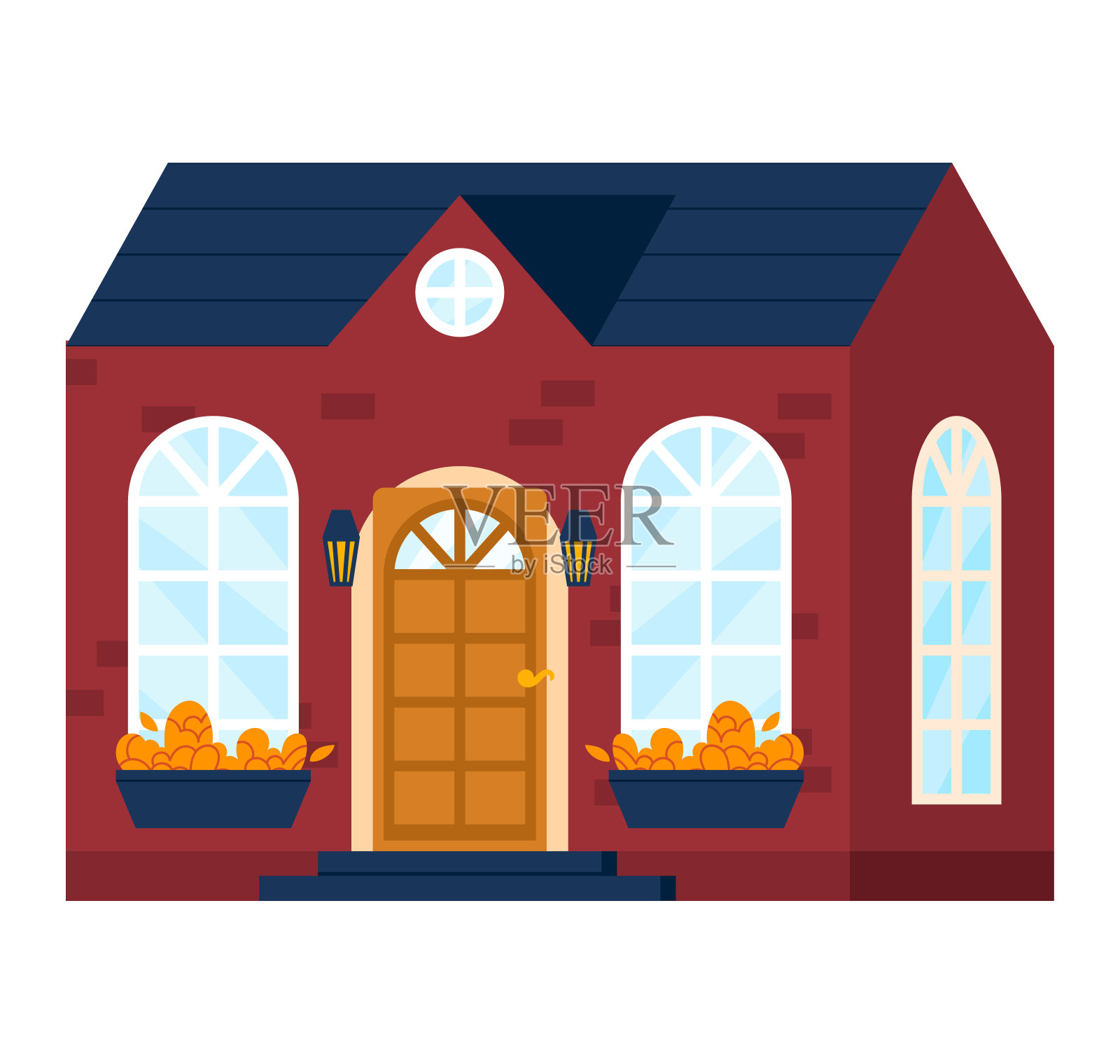 卡通红砖房子前面有蓝色的屋顶和门窗。可爱的城市小屋立面与植物装饰。舒适的联排别墅外部矢量插图插画图片素材