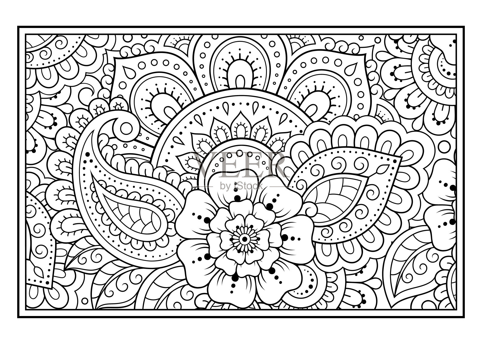 为涂色书页面勾勒出手绘风格的花卉图案。适用于成人和儿童的抗压力。黑白涂鸦装饰。手绘矢量插图。插画图片素材