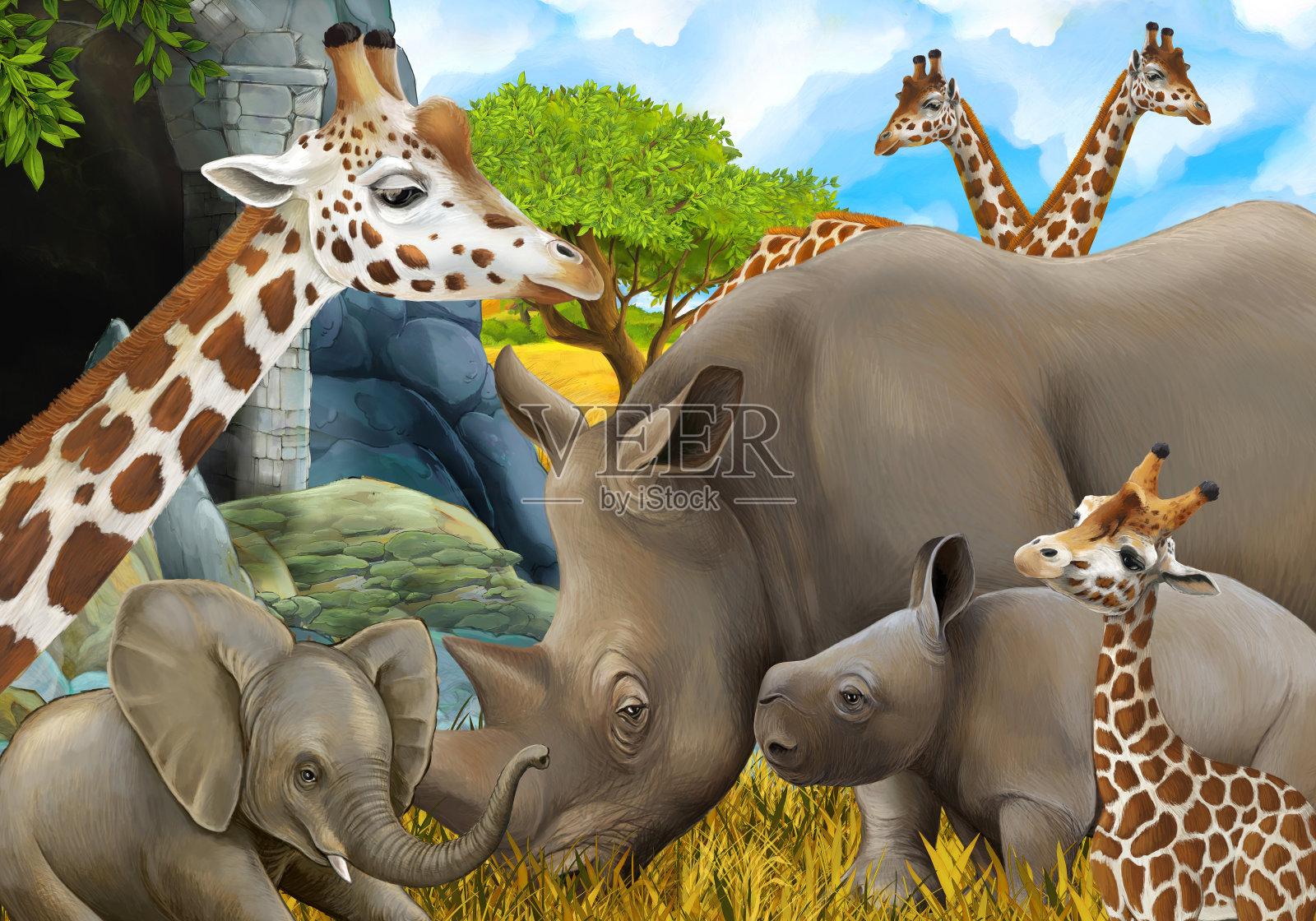卡通野生动物园的场景,大象和长颈鹿在草地上美丽的插图儿童插画图片素材