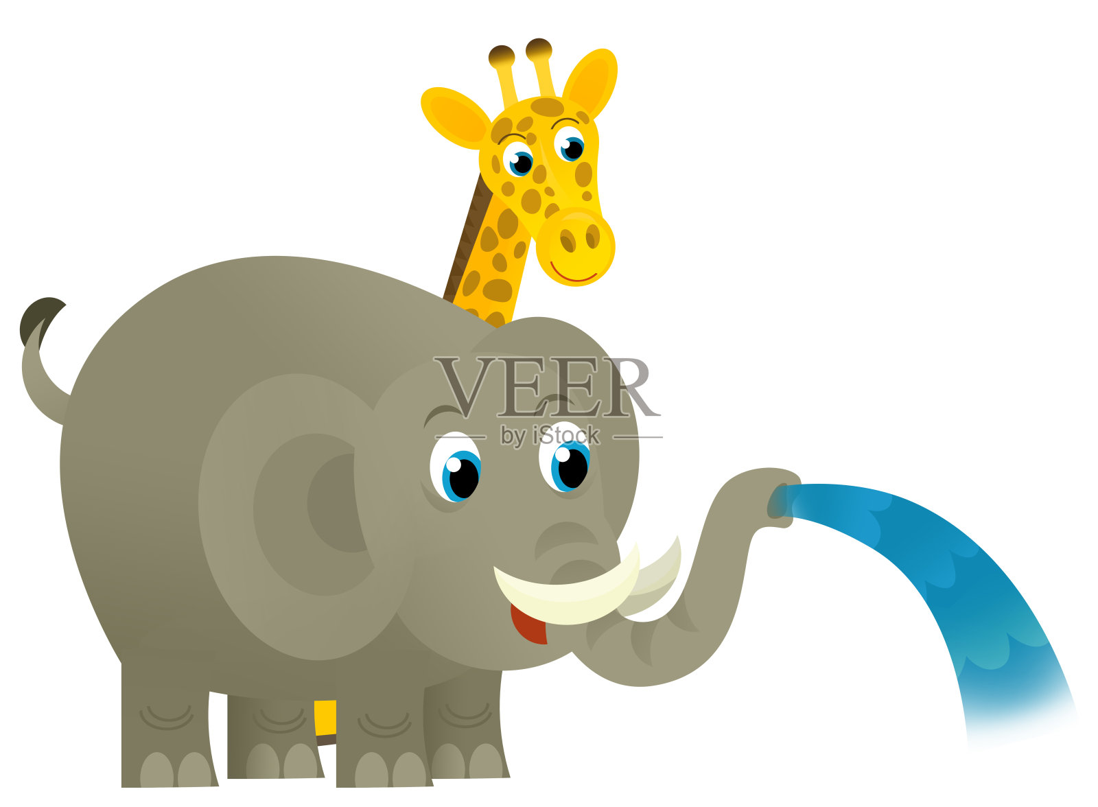 卡通野生快乐小象溢出水与其他动物孤立插图儿童插画图片素材