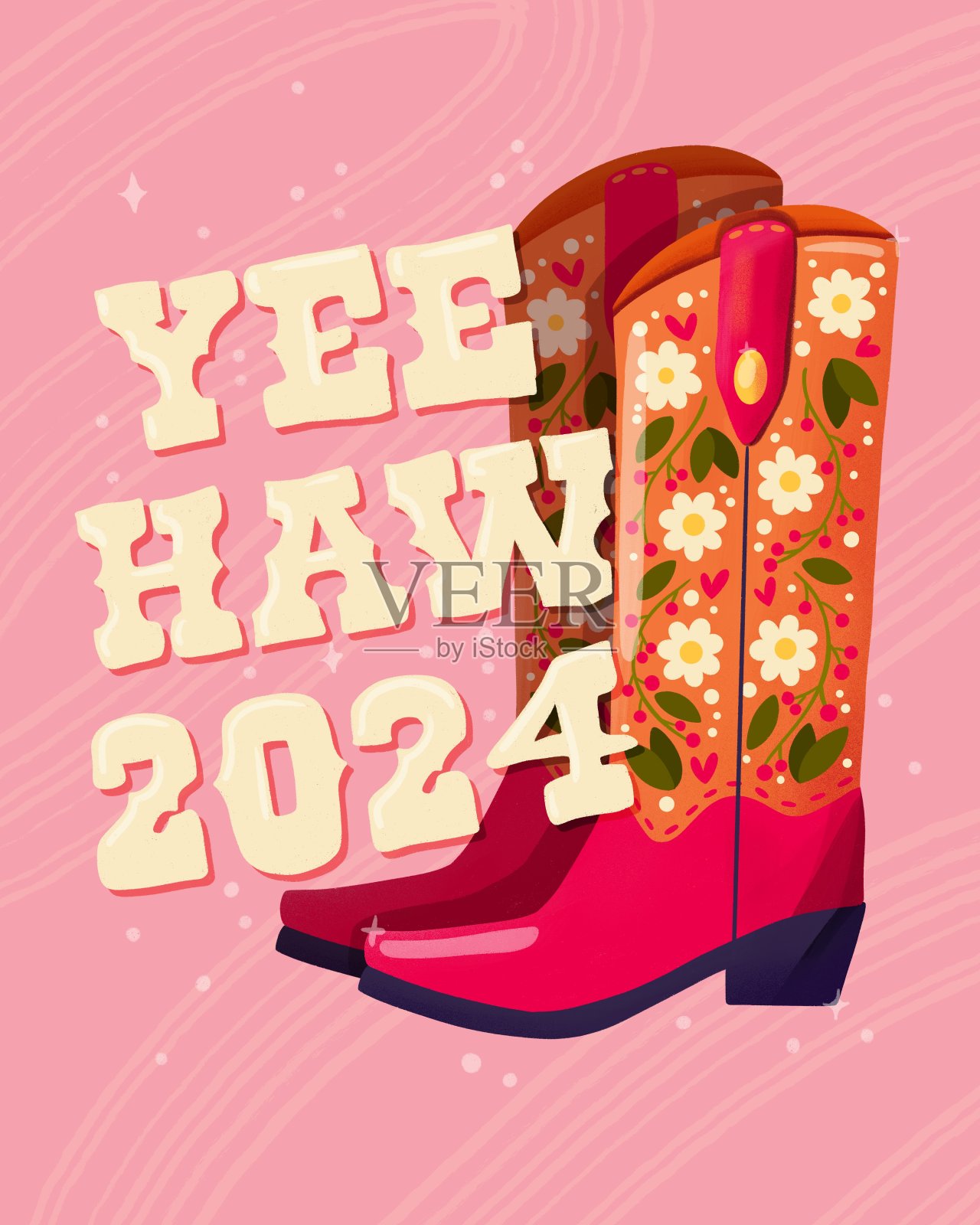 一双牛仔靴,上面装饰着鲜花和手写的“Yeehaw 2024”字样。新年快乐彩色手绘插图,色彩鲜艳鲜艳。贺卡设计。插画图片素材