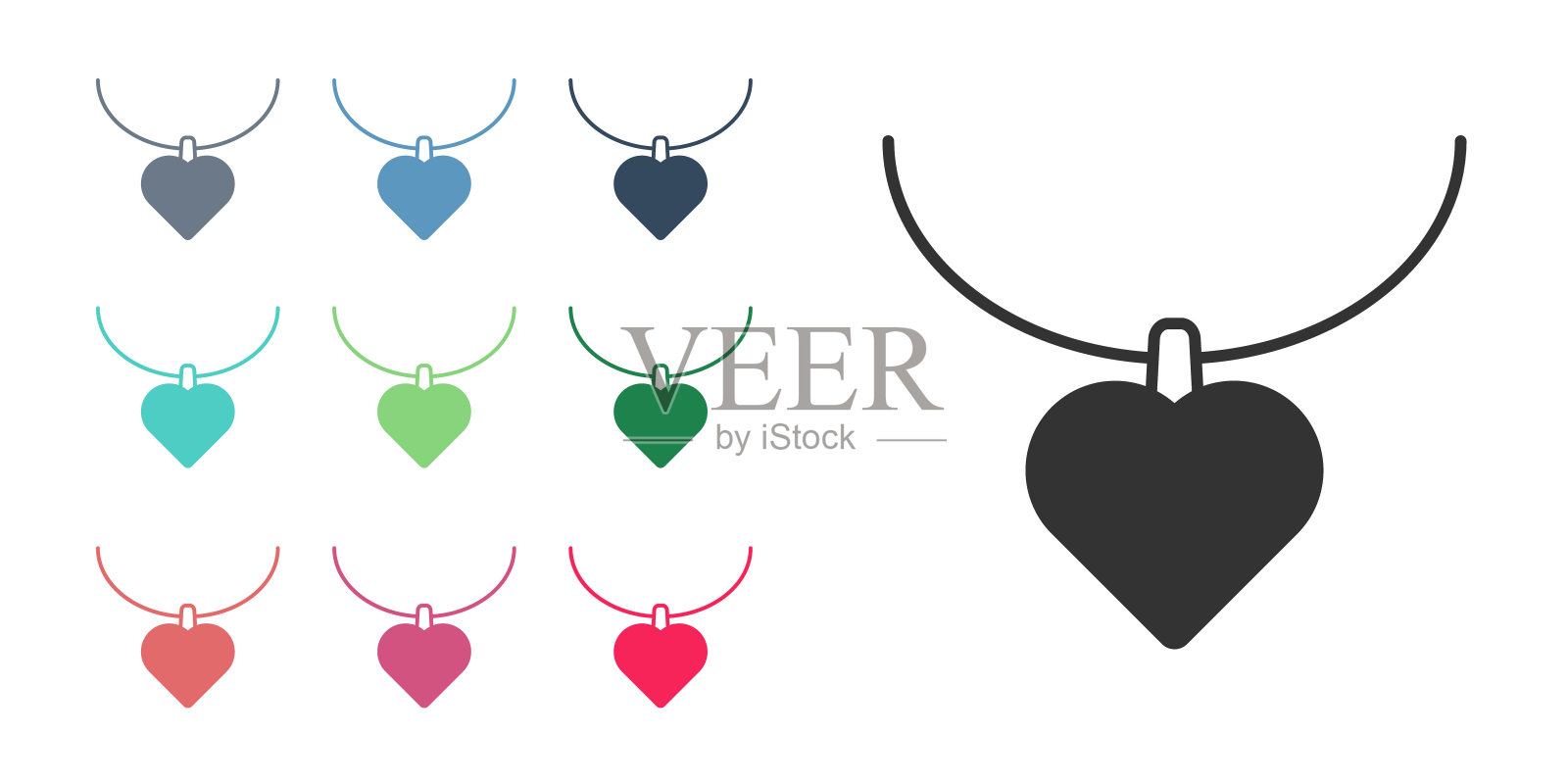 黑色项链与心形吊坠图标孤立的白色背景。珠宝装饰。妇女节快乐。设置图标彩色。向量插画图片素材