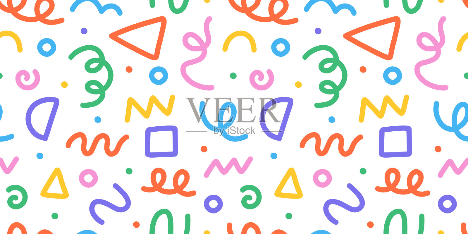 抽象无缝彩色墨迹图案手绘涂鸦曲线元素。斯堪的纳维亚设计风格。插画图片素材