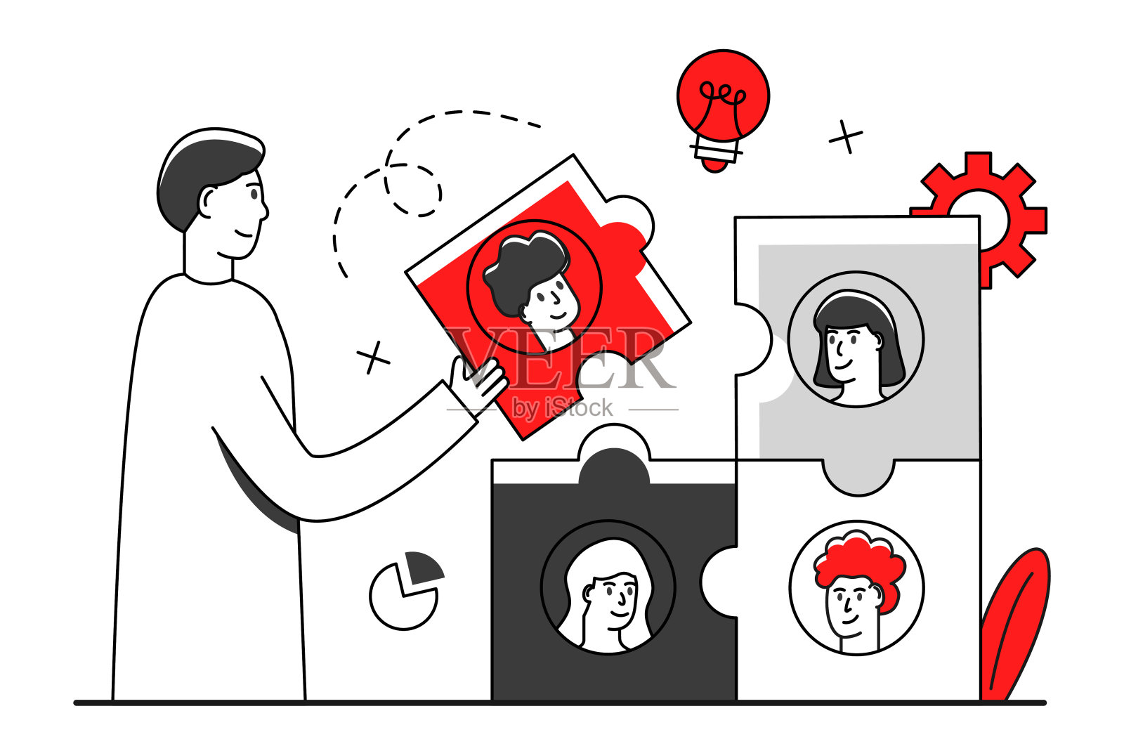 团队合作,启动字符平面矢量插图业务概念与巨大的难题。人们连接拼图元素的现代矢量插图。平面矢量图插画图片素材