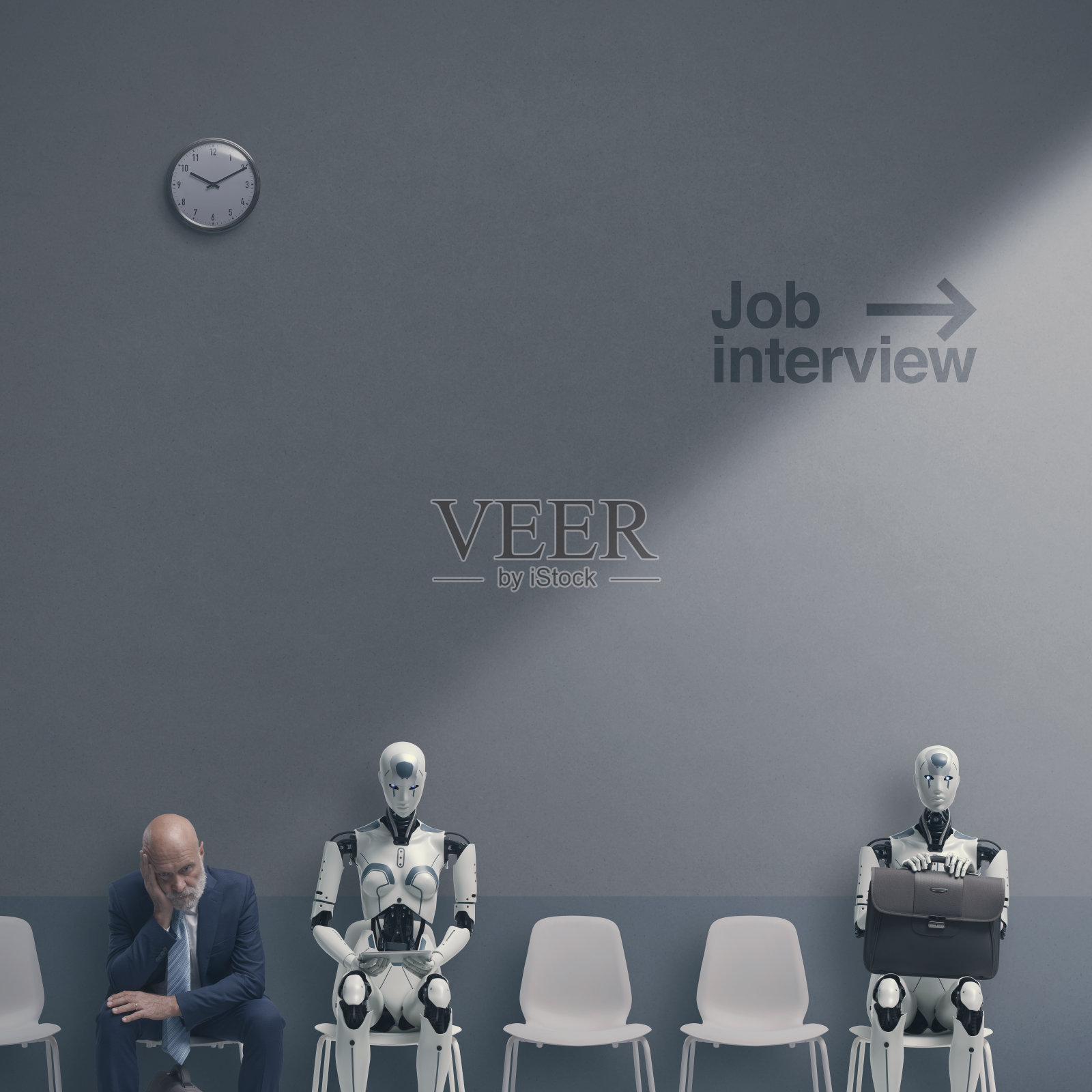 等待工作面试的人和人工智能机器人照片摄影图片