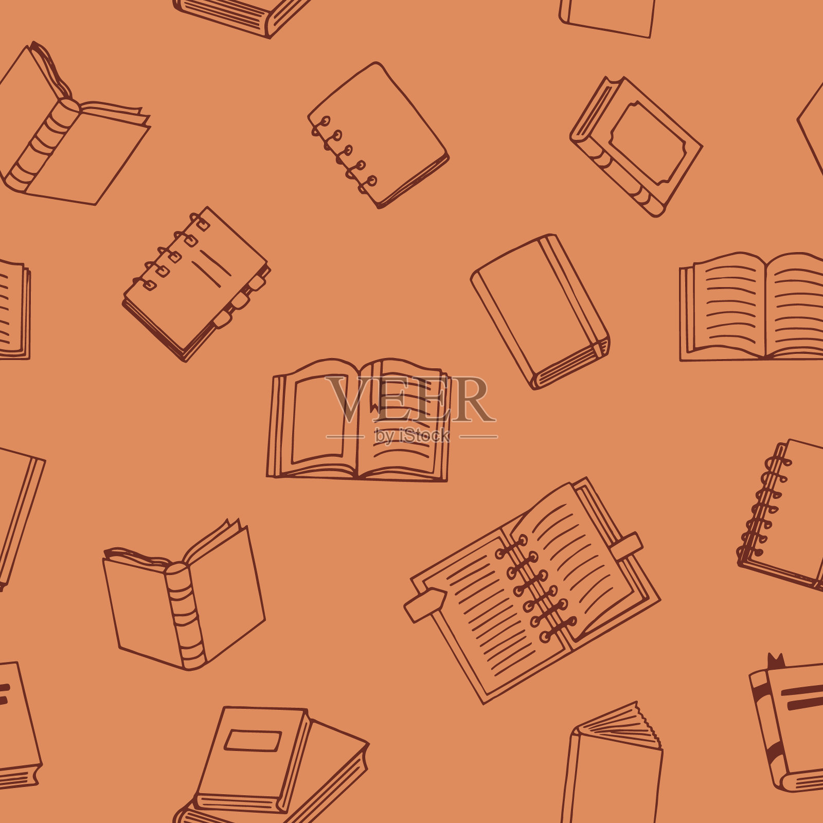 书籍无缝图案。手绘涂鸦风格。矢量,极简主义,单色,素描。墙纸、纺织品、包装纸、背景。读书、教育、书店、科学。插画图片素材