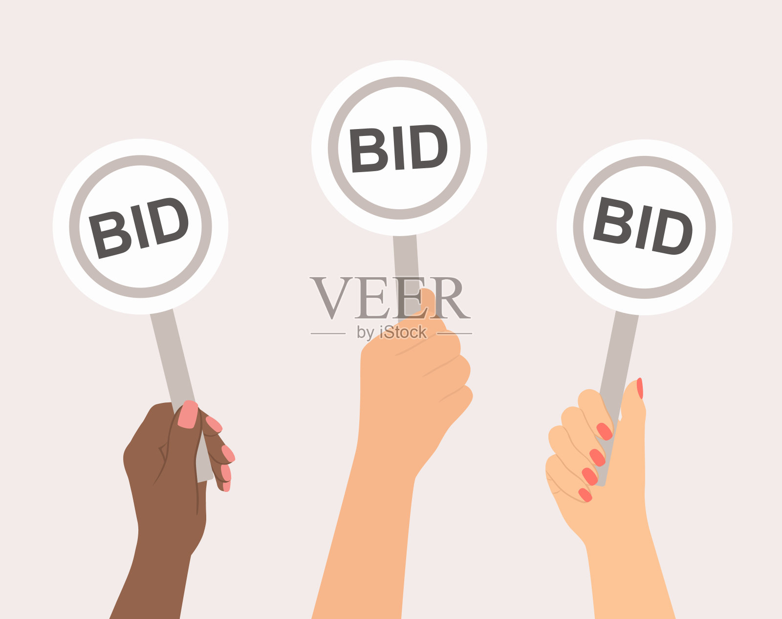 不同的组手持有拍卖桨。拍卖与投标概念插画图片素材