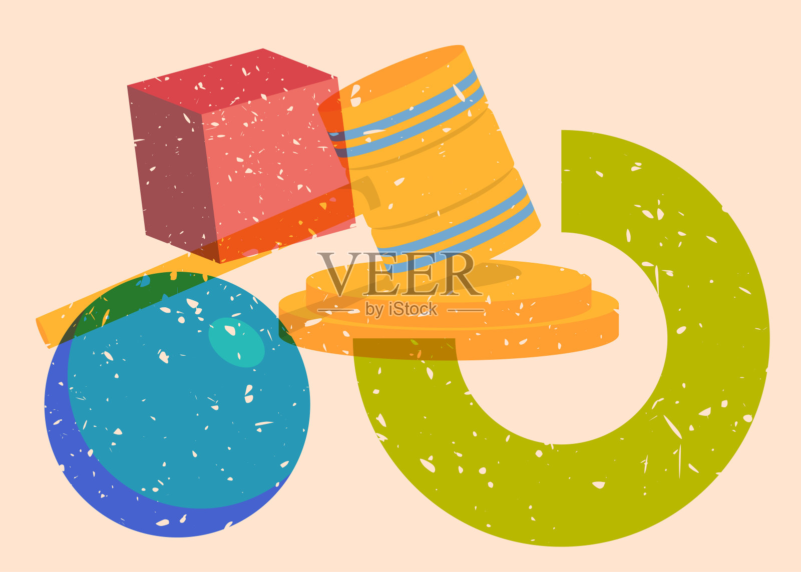 套色印刷:带有几何形状的法槌,具有几何元素的时尚套色版画纹理风格设计插画图片素材