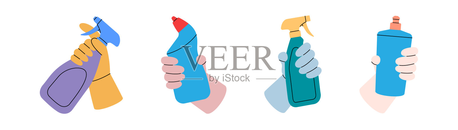 用马桶清洁剂洗手。清洁服务工具。家政服务设备。矢量插图。插画图片素材