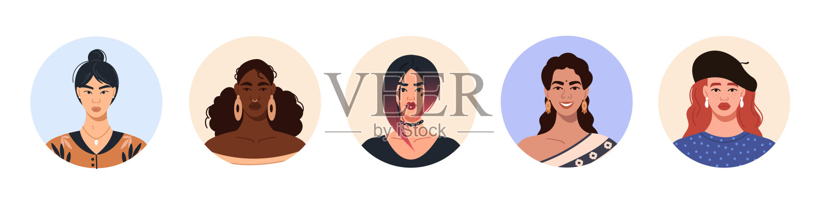 在圆形框架里有年轻女性的头像插画图片素材