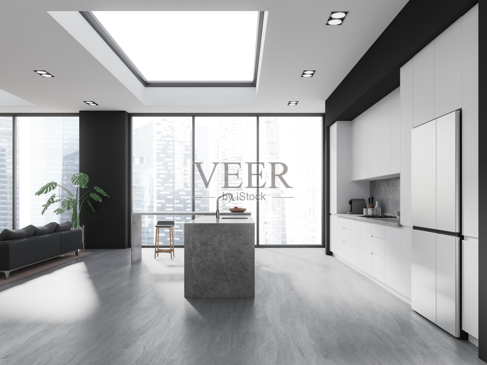 现代扁平工作室内部设有烹饪和放松空间,全景窗户照片摄影图片