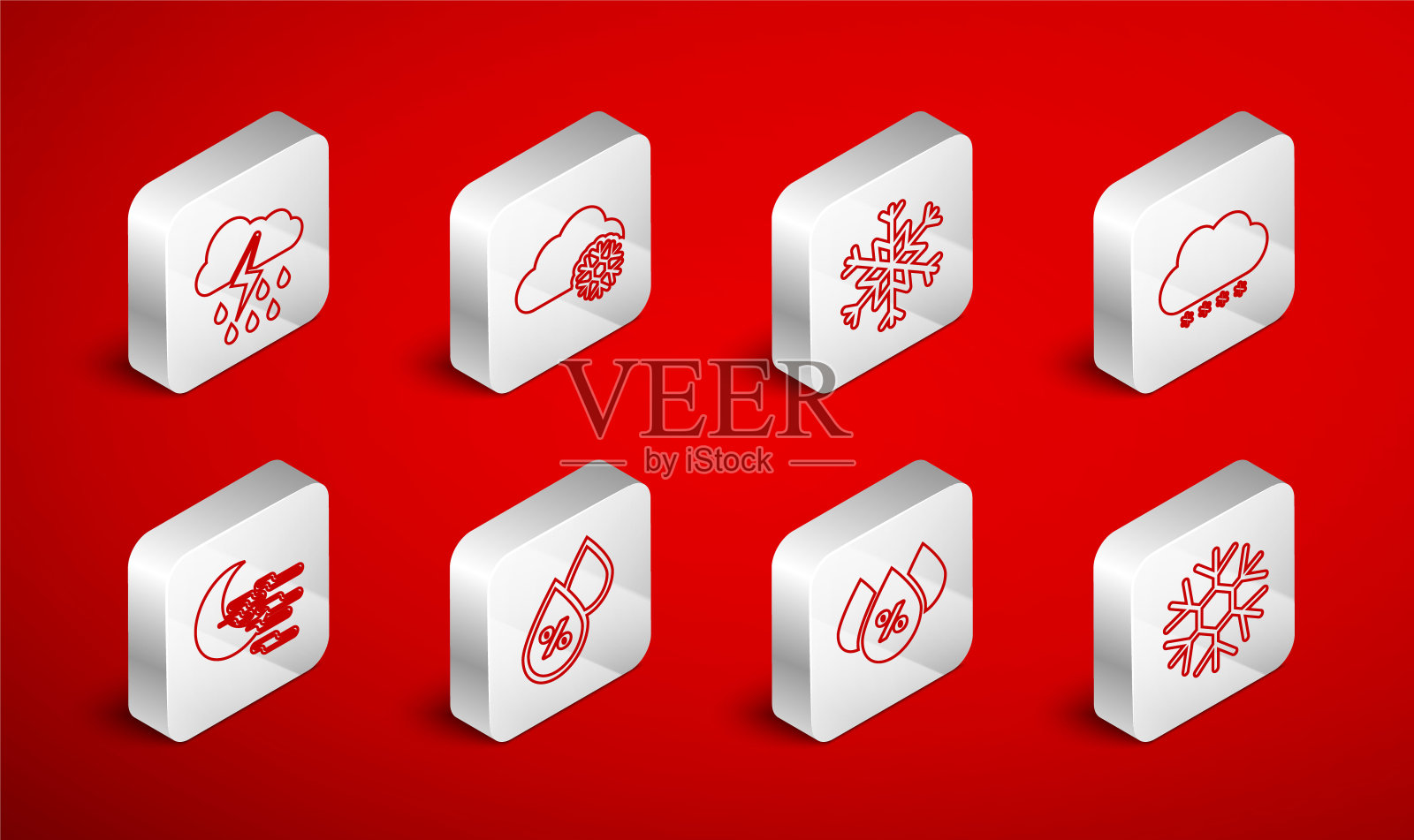 设置线雪花,云与雪,水滴百分比,雨和闪电,和雾月图标。向量插画图片素材