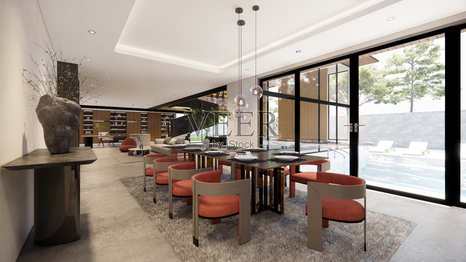 室内空现代阁楼办公室开放空间现代办公室镜头。现代开放式大堂及接待区会议室设计。3D渲染。照片摄影图片