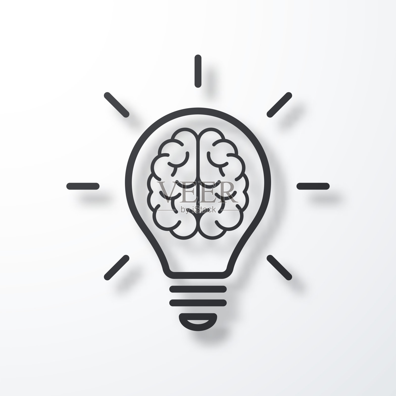 大脑在灯泡里。线图标与阴影在白色背景插画图片素材