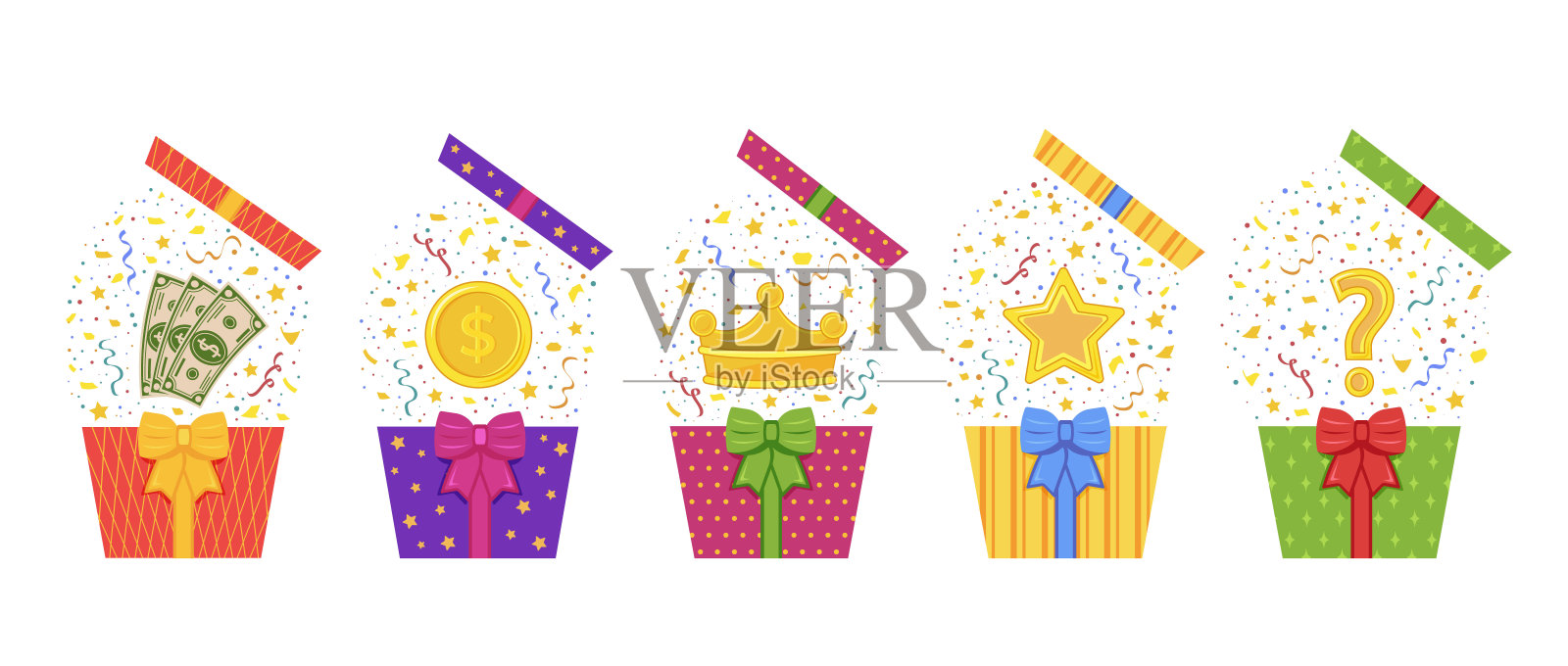 有惊喜的礼盒。礼品盒有钱,硬币,星星,皇冠和问题。忠诚度计划的概念,获得奖励,奖金奖励,大赢,奖金,奖品。插画图片素材