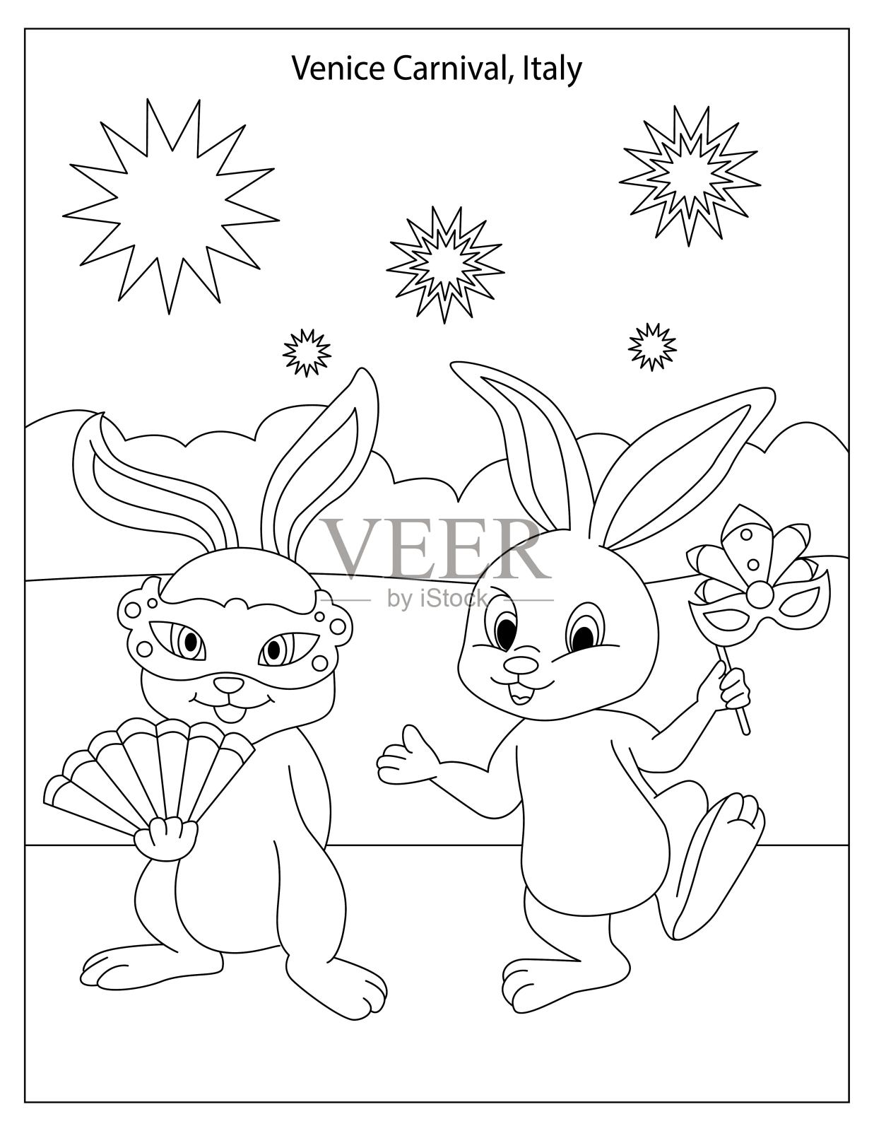 节日庆祝与可爱的兔子儿童着色页,威尼斯狂欢节插画图片素材