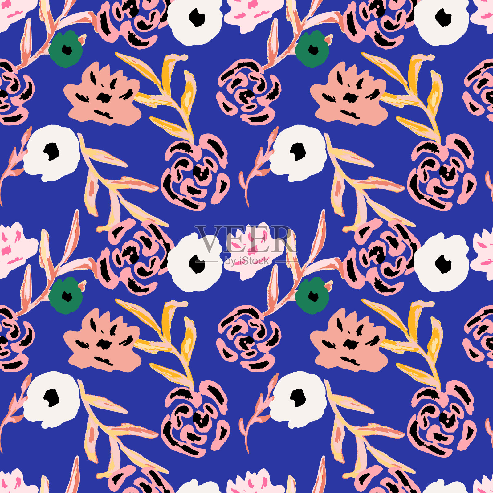 花卉无缝图案与抽象的大花。涂鸦时髦的背景。插画图片素材