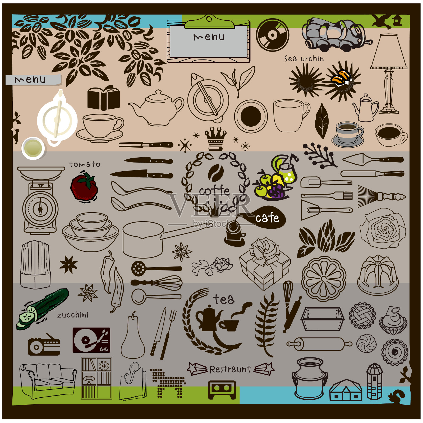 一组可用于咖啡馆菜单的插图。白线艺术品,如锅、炊具、餐具、杯子等。插画图片素材