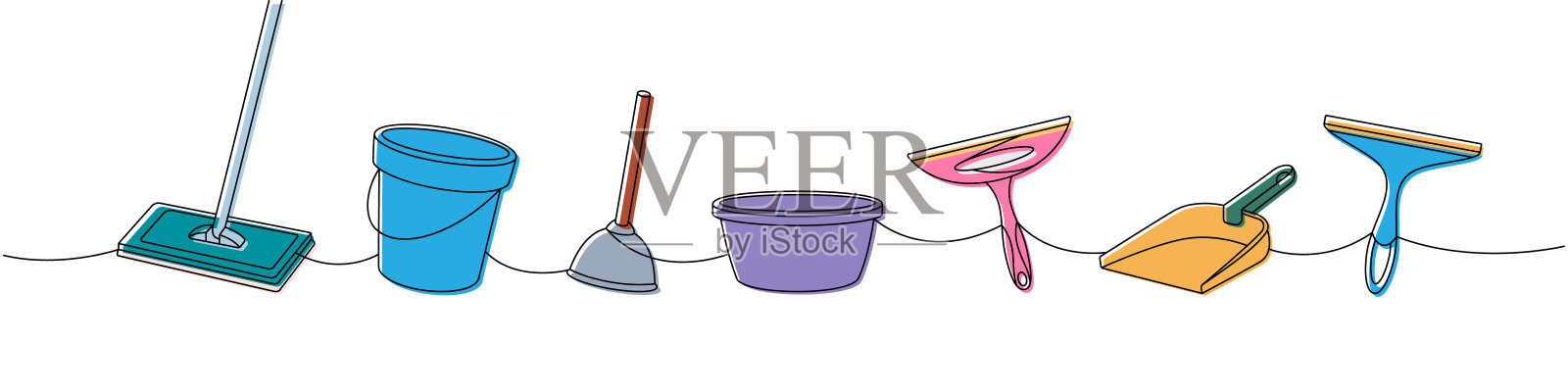 清洁工具一行彩色连续绘制。拖把、柱塞、塑料盆、清洁玻璃的橡胶刮刀、勺子连续一行说明插画图片素材
