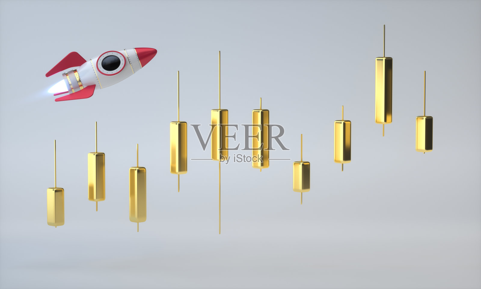 太空火箭飞过金色交易蜡烛在软灰色工作室背景。经营理念。照片摄影图片