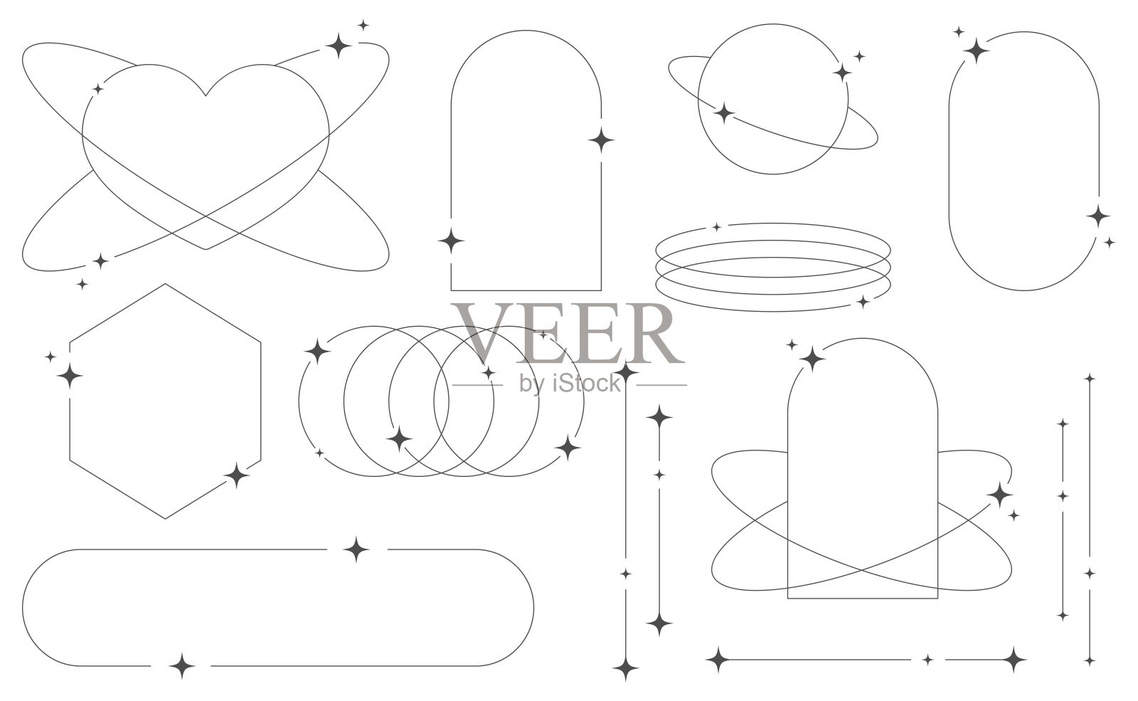 一套几何美学抽象线条框架和形状与星星波西米亚,野蛮主义,千年虫风格。几何元素与火花模板设计社交媒体,海报,横幅,标志,贴纸插画图片素材