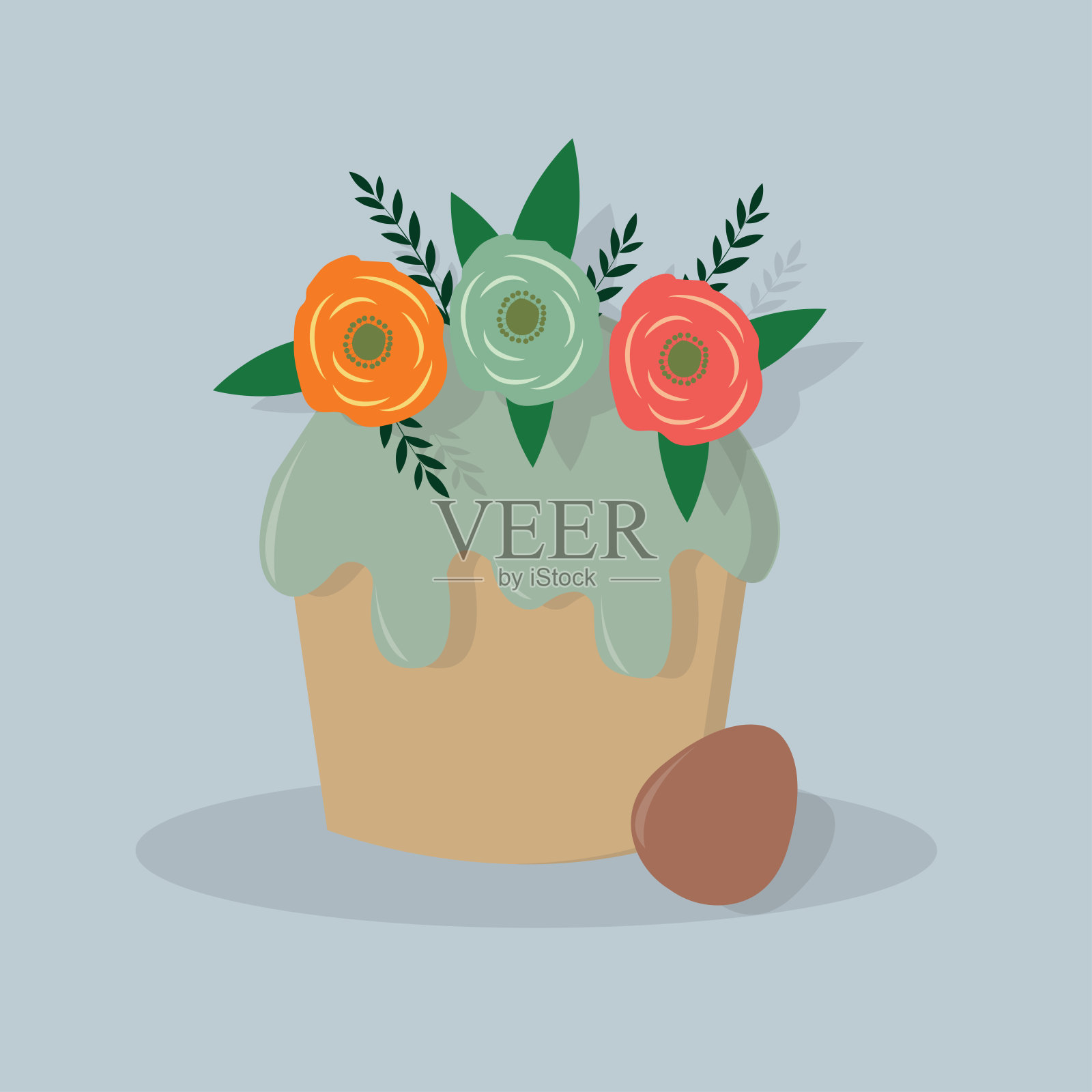 有彩蛋和鲜花的复活节蛋糕。彩色平面矢量插图。插画图片素材