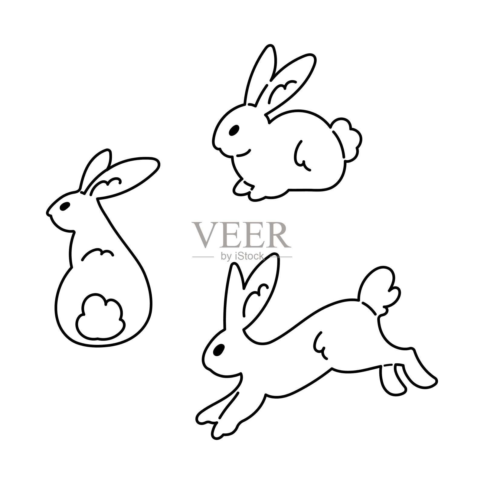 简单风格的复活节兔子套装。复活节兔子黑色和白色极简主义手绘矢量插图的轮廓图。孤立在白色背景上。插画图片素材