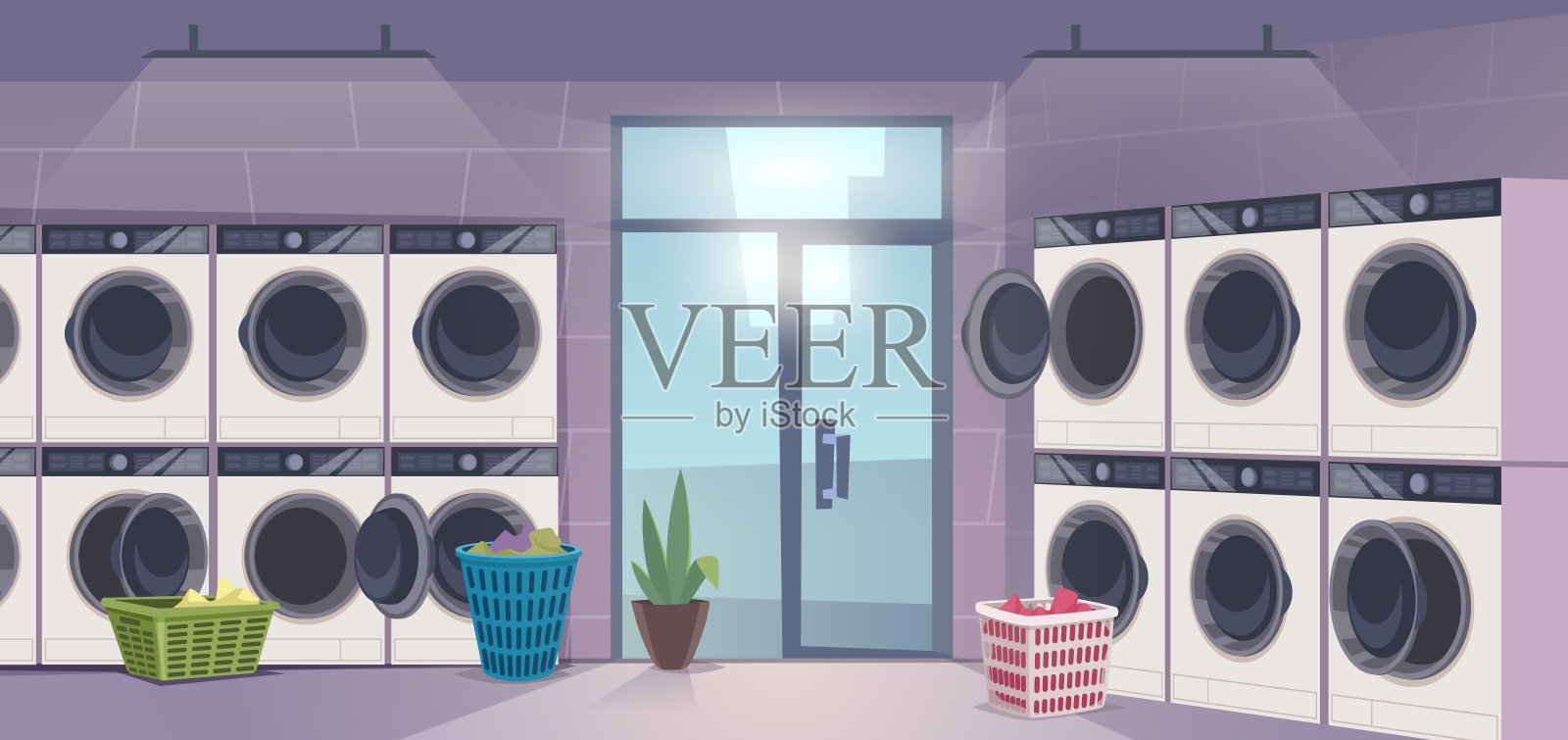 洗衣房。洗涤服务的脏衣服的确切矢量卡通背景插画图片素材