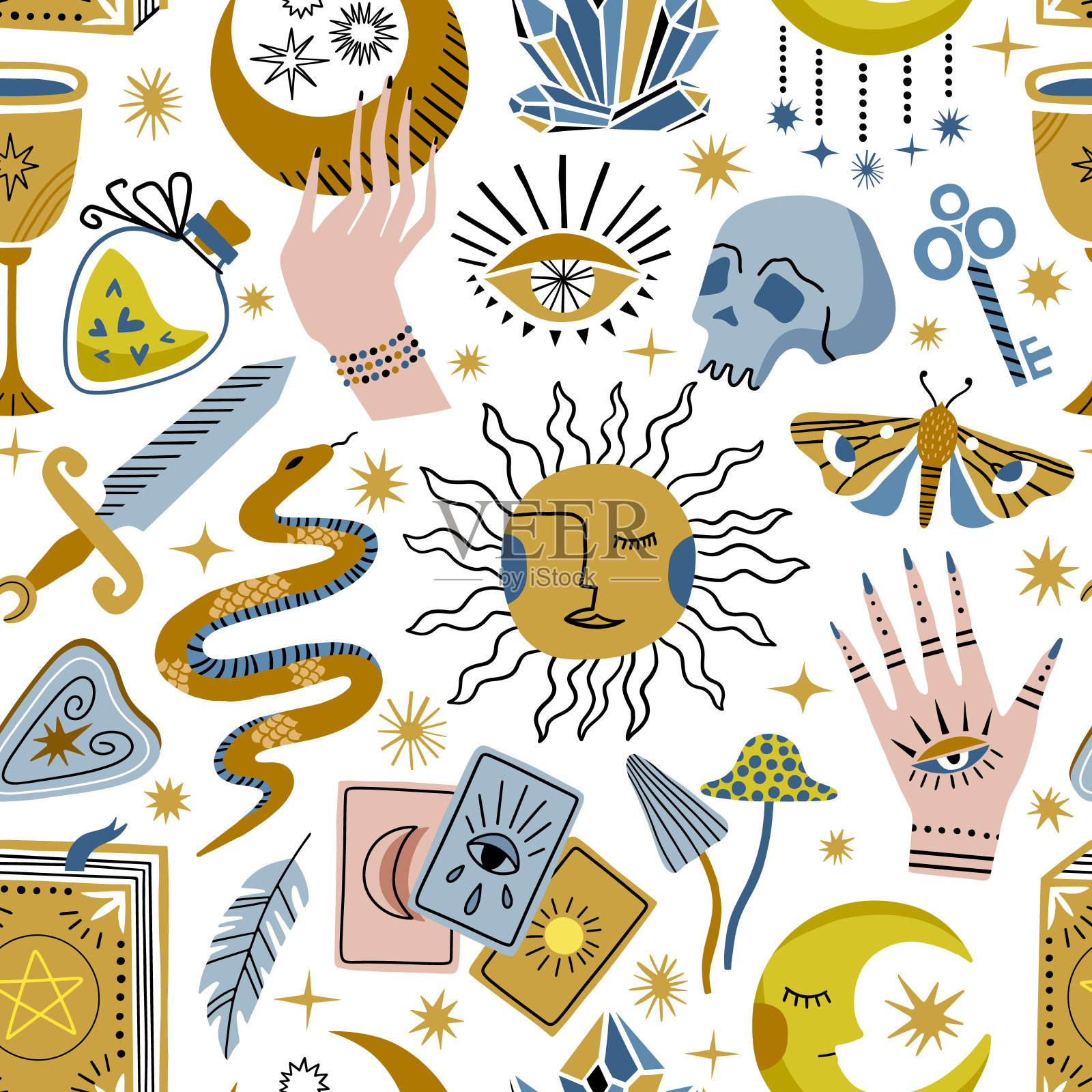 深奥的符号矢量无缝图案。波西米亚神秘女巫背景。神奇无缝质感插画图片素材