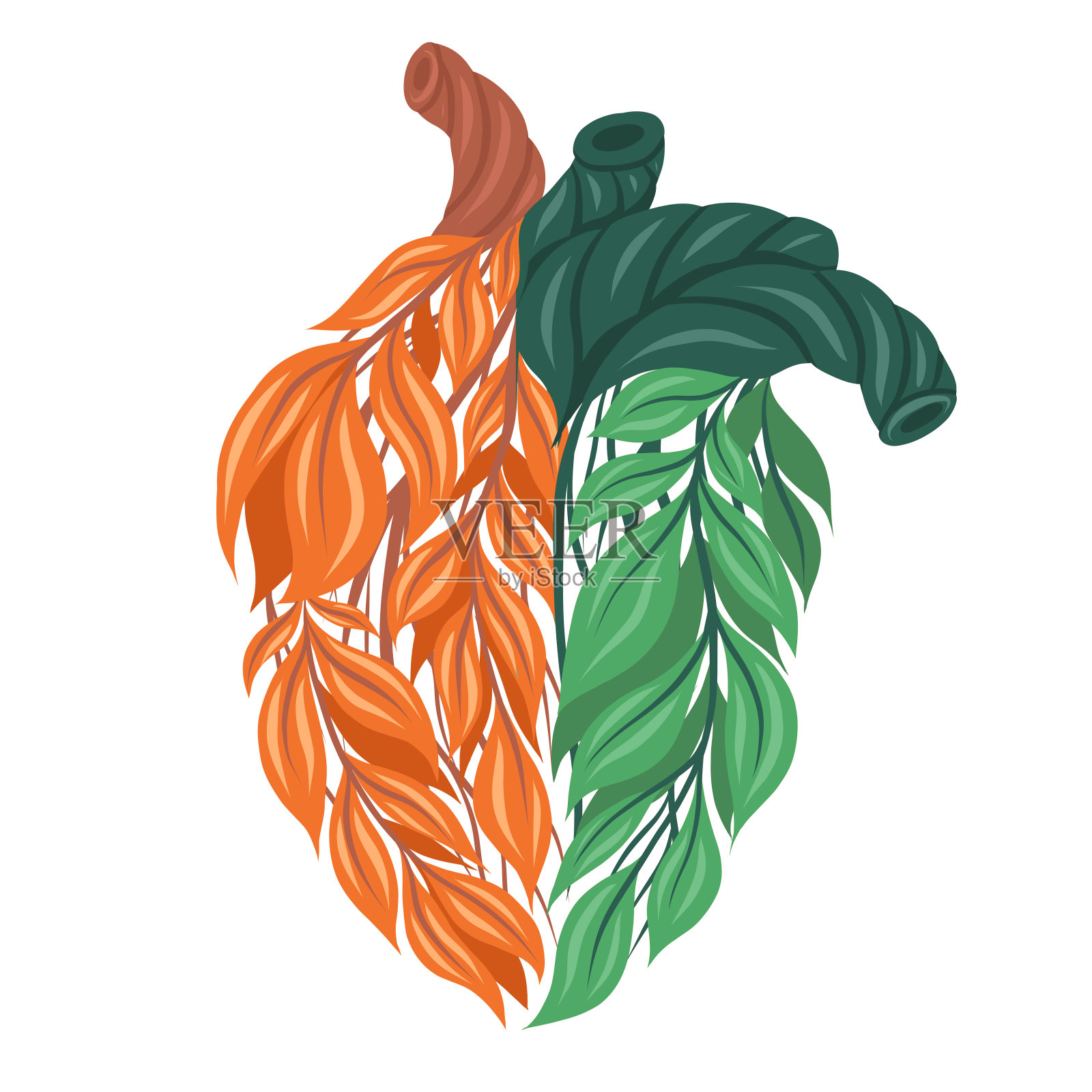 矢量剪贴画的一半健康和不健康的人类心脏的叶子从背景隔离。健康和不健康的平衡生活方式。插画图片素材