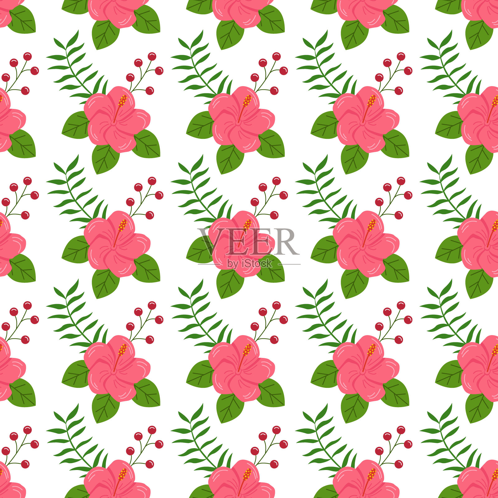 热带树叶和花朵的无缝图案。可以用于壁纸,图案填充,网页背景,表面纹理插画图片素材