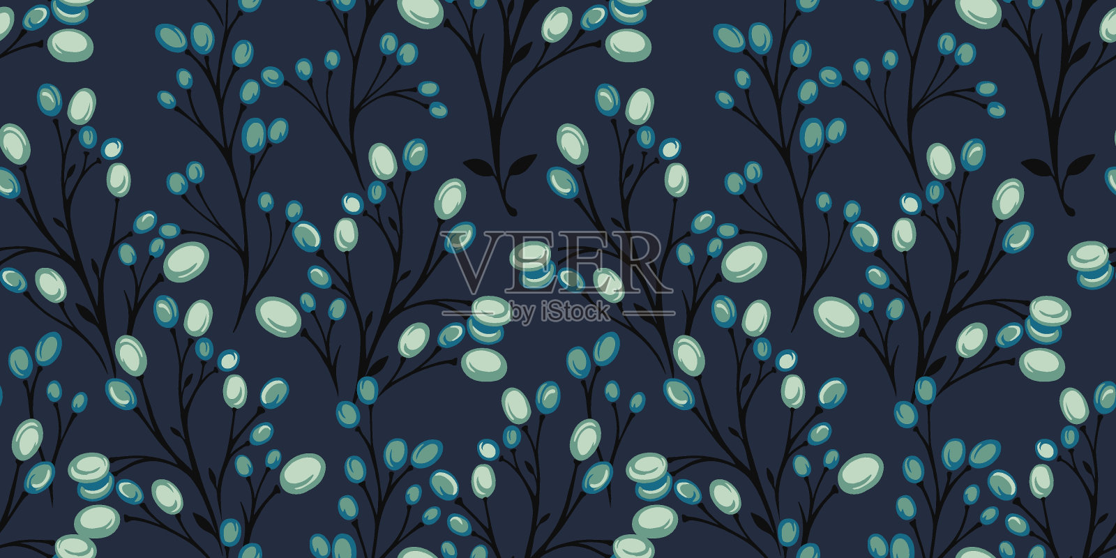矢量绘制插图分支与浆果,交织在一个无缝的模式。艺术,抽象,创意花卉茎与点,滴绿松石印花。用于模板设计、印刷插画图片素材