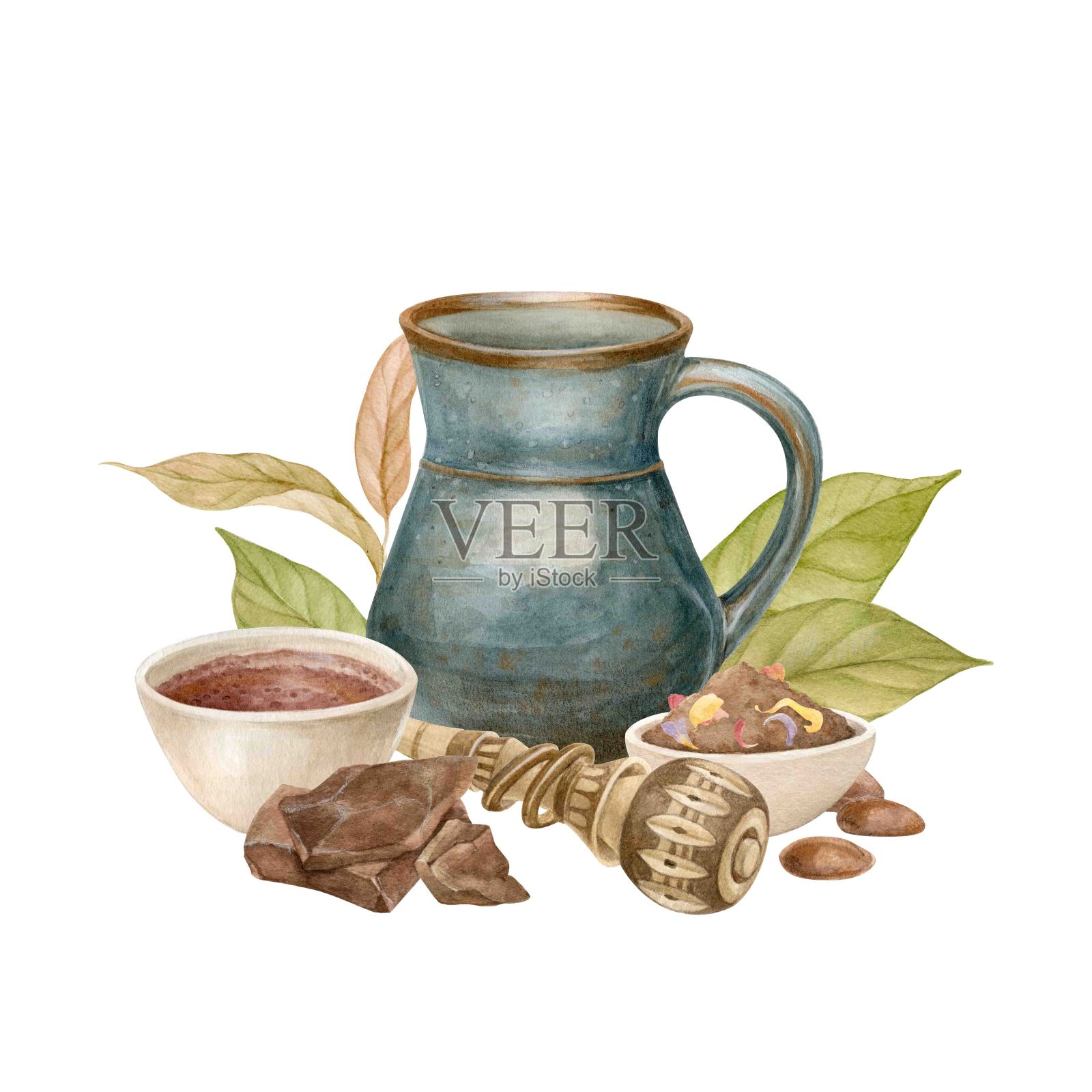 准备可可仪式。水壶、碗、molinillo和巧克力都是手绘的水彩画插画图片素材