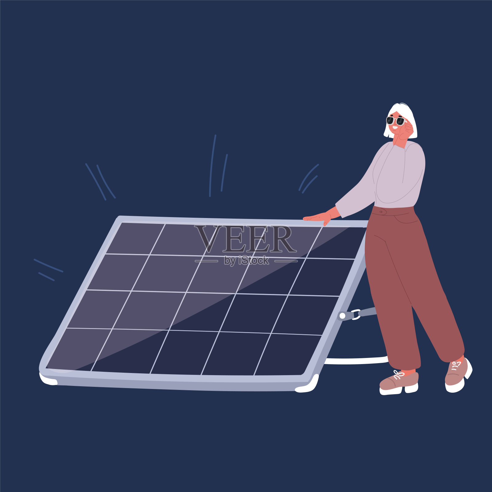 太阳能发电厂的白人工人拿着太阳能板,年轻的亚洲人拿着钱站在旁边。投资绿色科技。矢量卡通插图。横向布局。插画图片素材