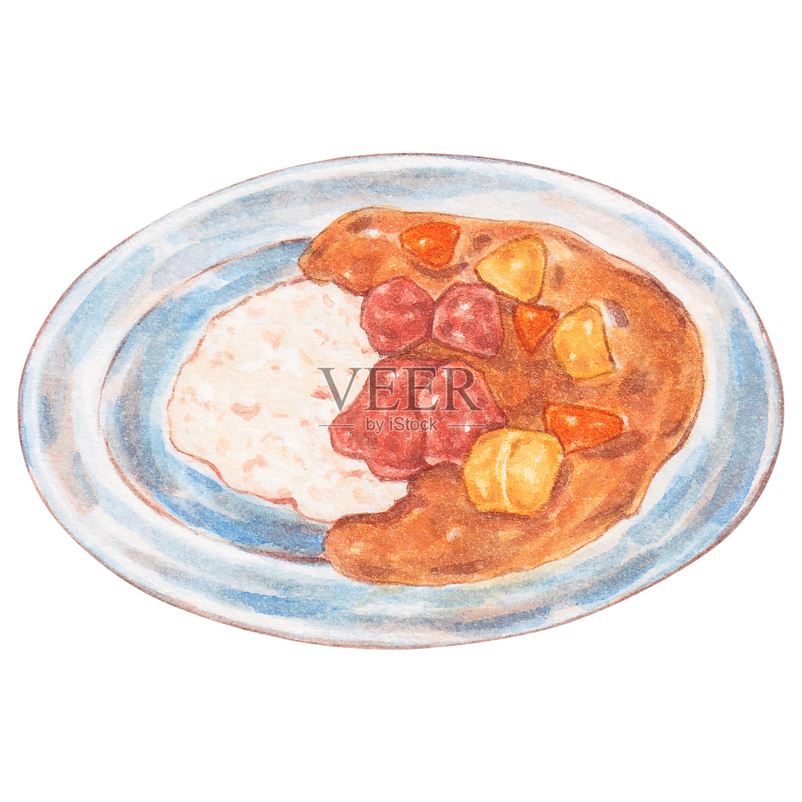 日式咖喱饭配肉、胡萝卜和土豆水彩风格,食材为日式咖喱插画图片素材