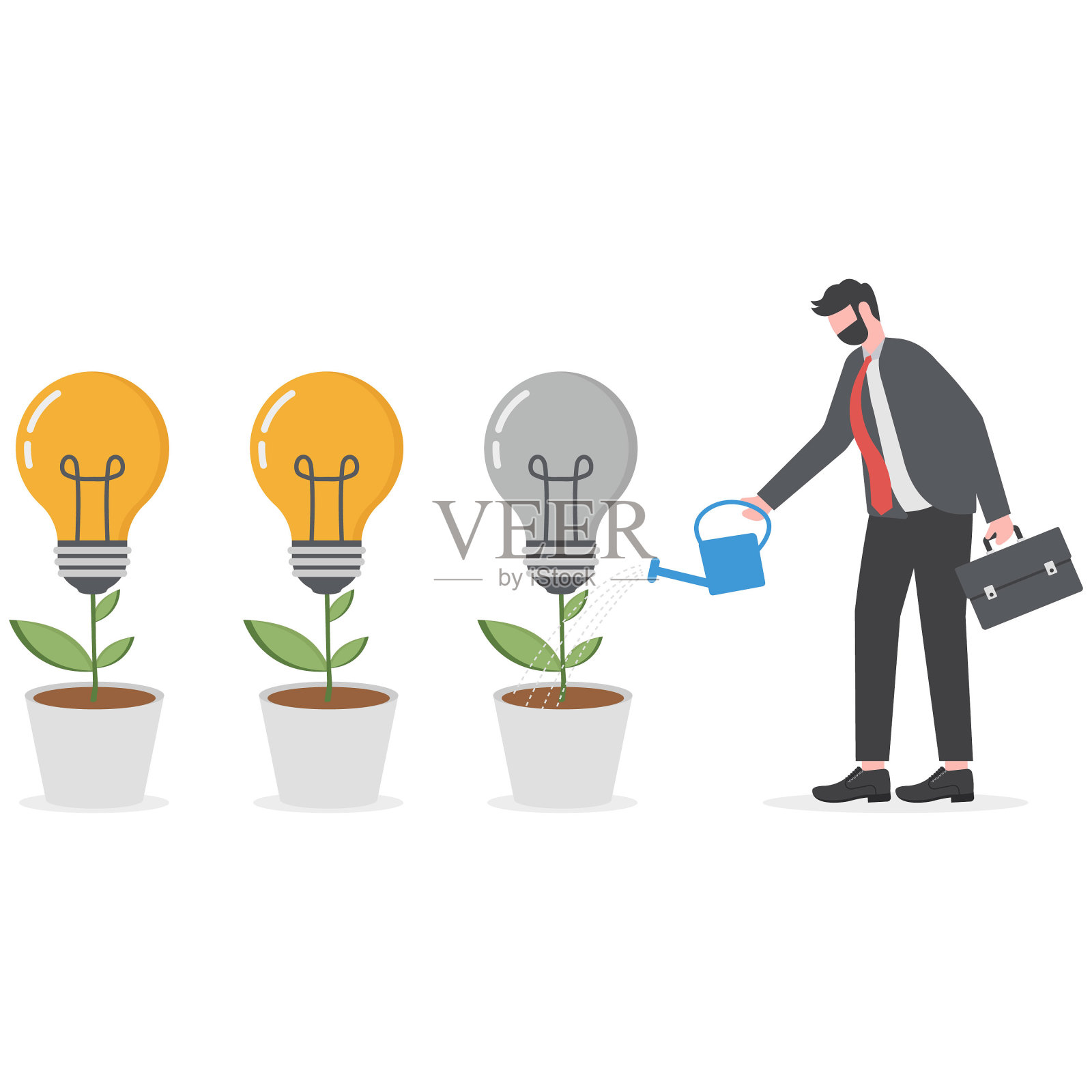 创意商业增长概念,商人用灯泡浇灌植物,创造一个新的解决方案,商业新的想法利润矢量插图。插画图片素材