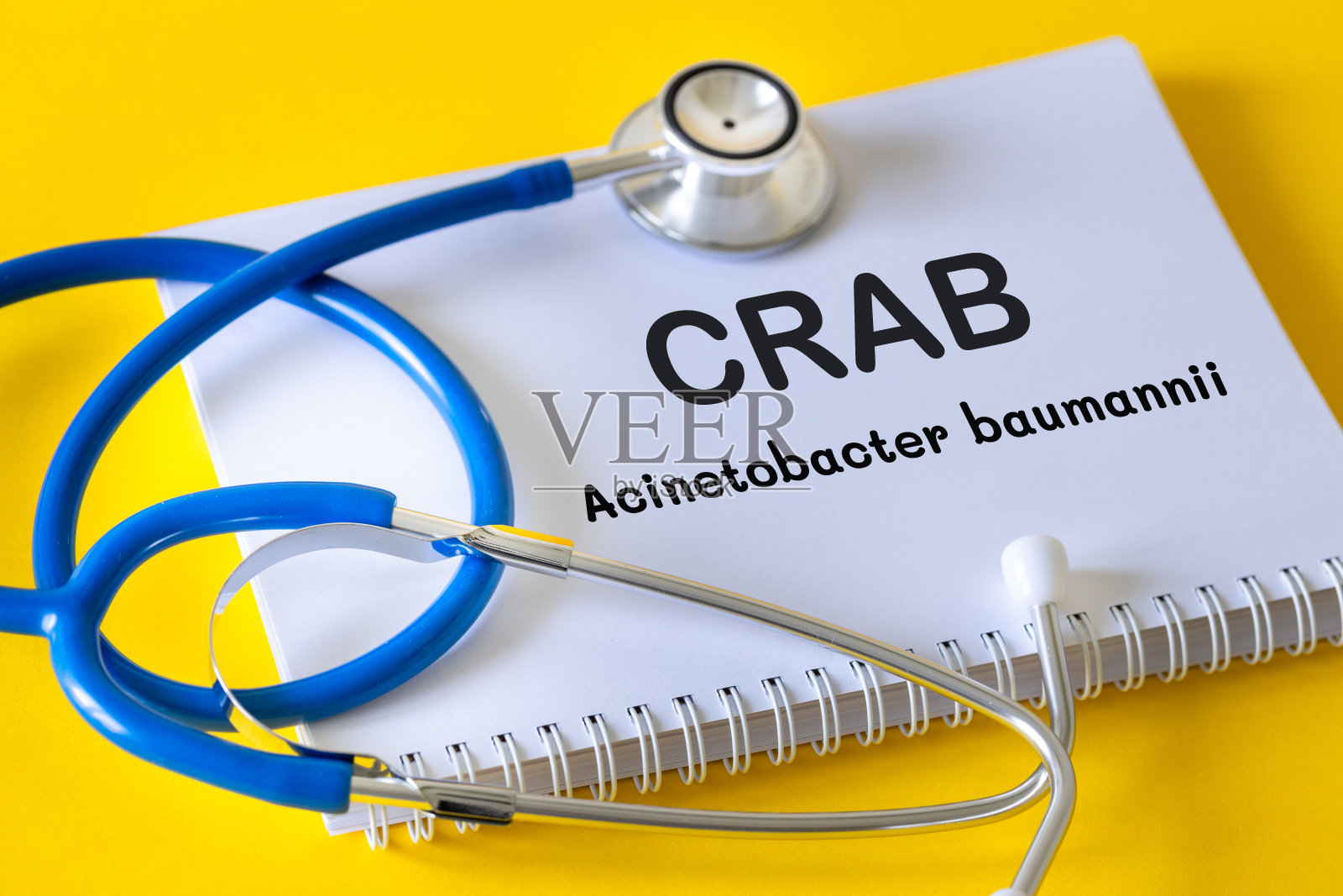 螃蟹,鲍曼不动杆菌,危险的耐抗生素病原体,医学概念,医生笔记本上的文字躺在听诊器旁边,漂亮的黄色背景照片摄影图片