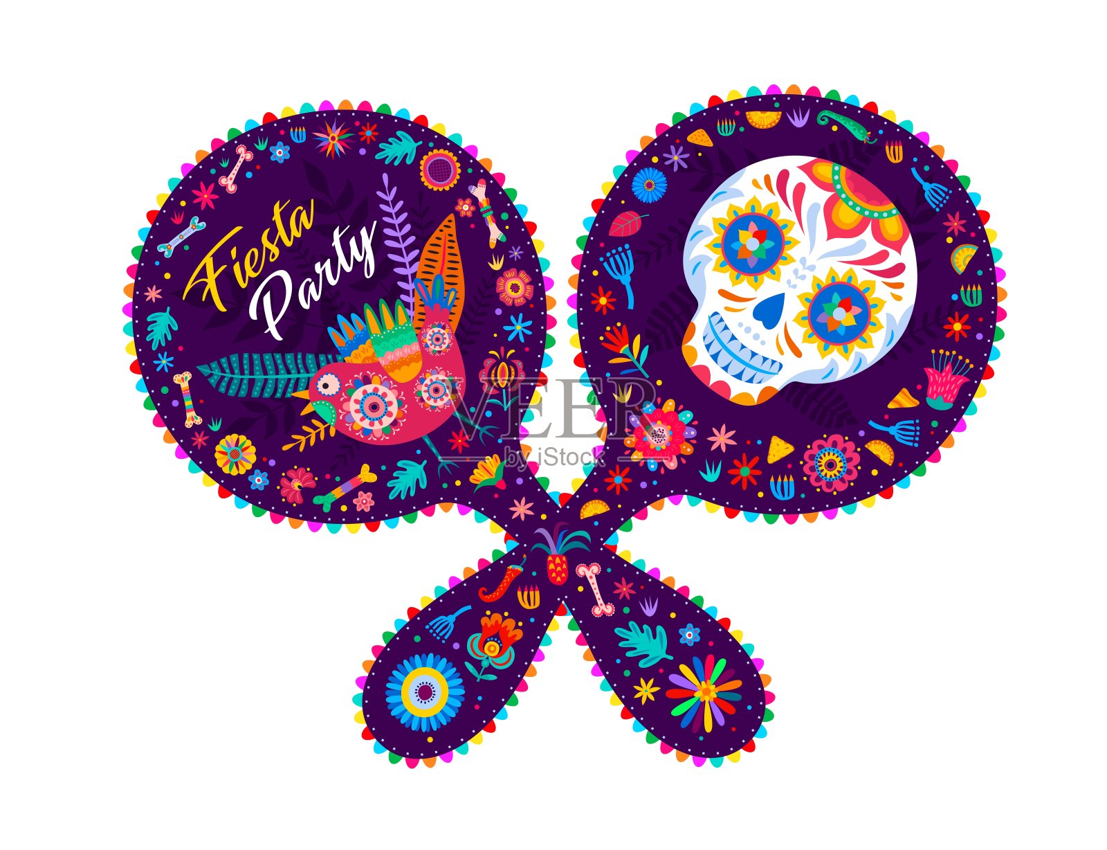 节日派对海报上有墨西哥沙球和骷髅插画图片素材