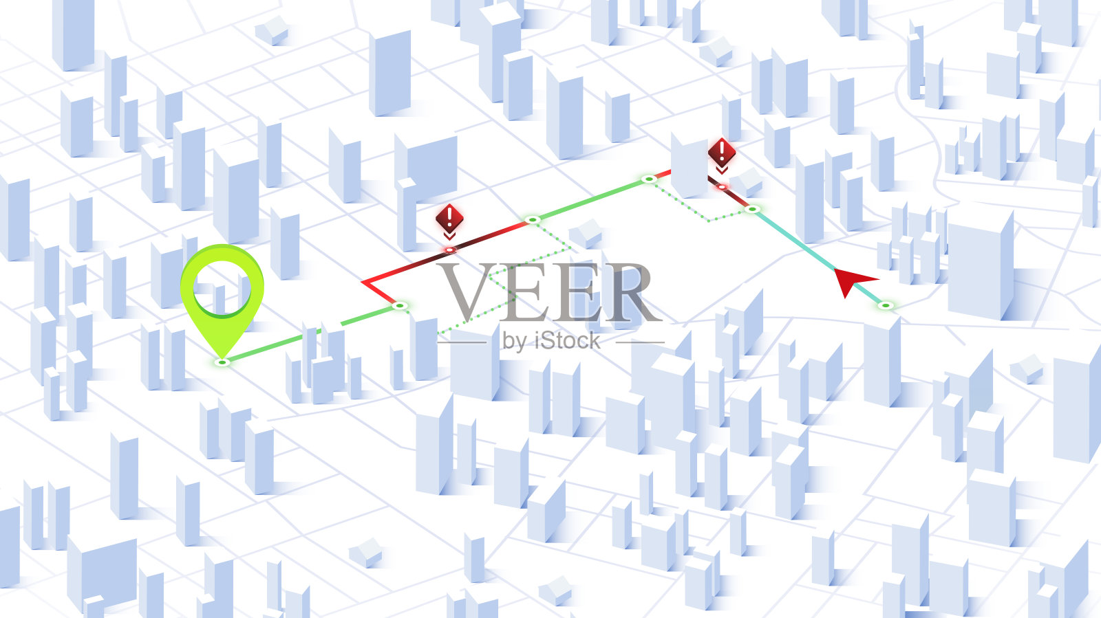 导航到poi。路线的封闭转弯。,区,路。简单的三维等距城市。位置跟踪仪表板。通用城市地图与标志的街道,道路,房屋。矢量图插画图片素材