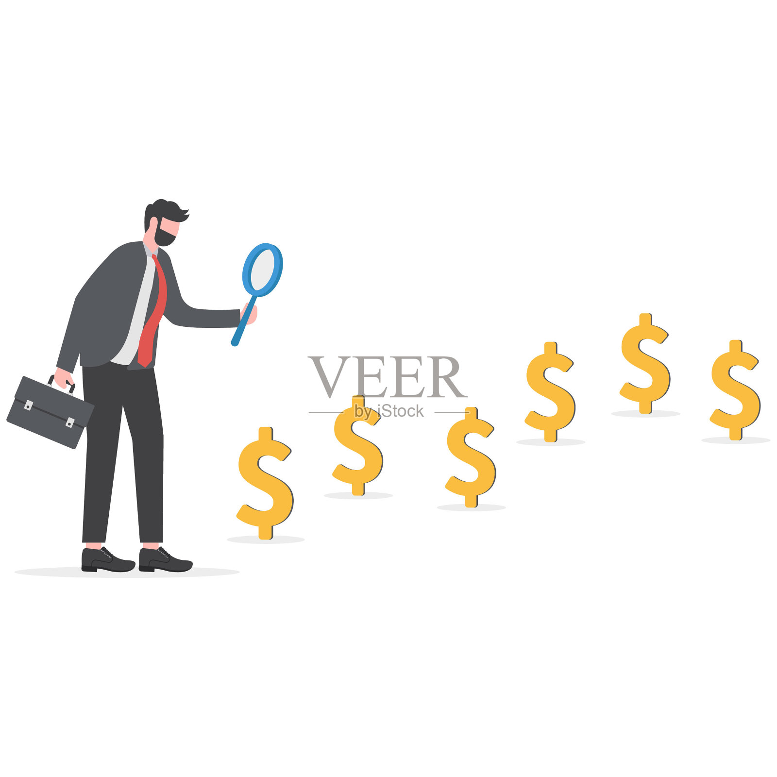 寻找投资机会,财务成功或加薪,考察盈利方式和赚钱理念,好奇的商人用放大镜考察和跟踪资金踪迹。插画图片素材