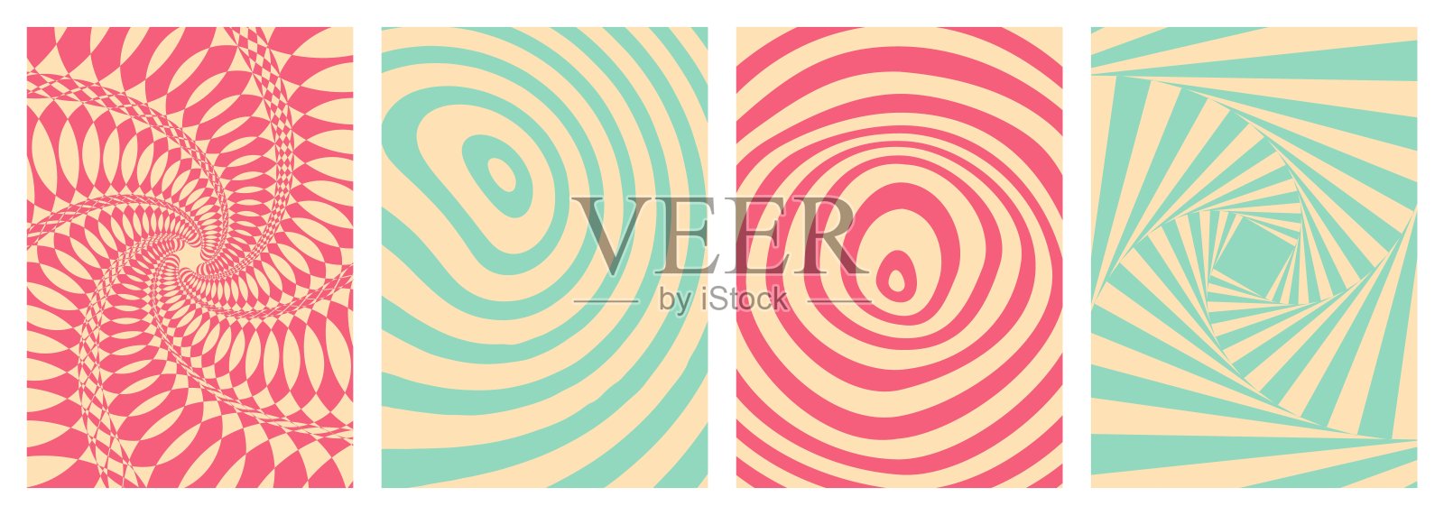 复古扭曲和扭曲矢量groovy嬉皮士背景集。波浪,漩涡,条纹,射线和漩涡图案。复古的背景在时尚的复古迷幻风格。矢量图插画图片素材