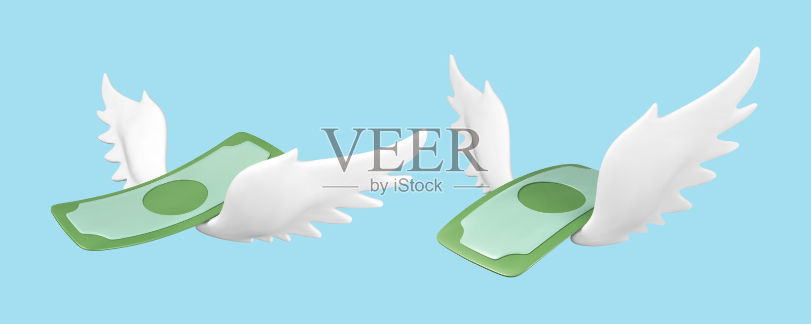 蓝色背景上有白色翅膀的美元钞票。经济损失、支出、银行贷款支付、通货膨胀、物价上涨和轻松收入的概念。矢量三维插图插画图片素材