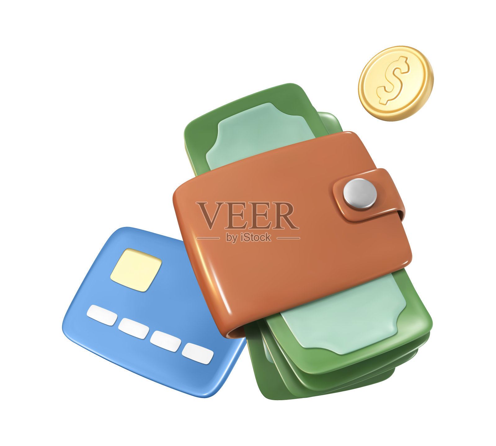 3D卡通钱包与美元钞票,信用卡和金币。钱包里有现金。省钱的概念。商业金融投资。在线支付和现金返还。矢量三维插图插画图片素材